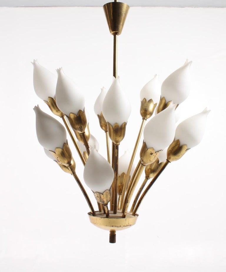 Danish Midcentury Tulip Chandelier in Brass and Glass by Fog and Mørup