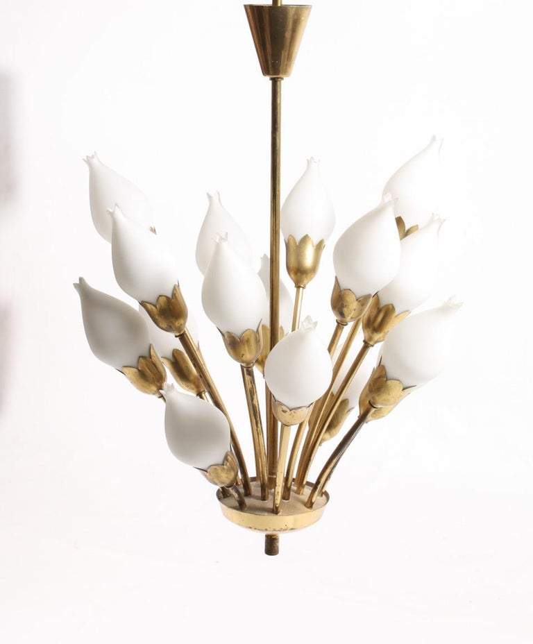 Danish Midcentury Tulip Chandelier in Brass and Glass by Fog and Mørup