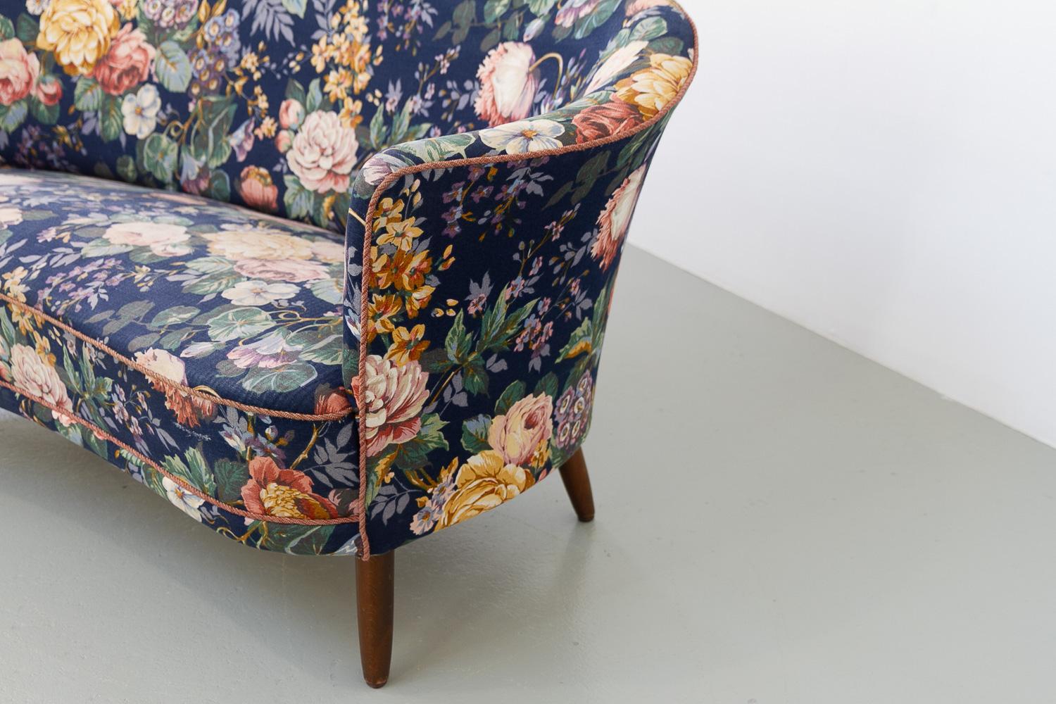Mid-20th Century Danish Mid-Century Two Seater Banana Sofa with Floral Fabric, 1950s. For Sale