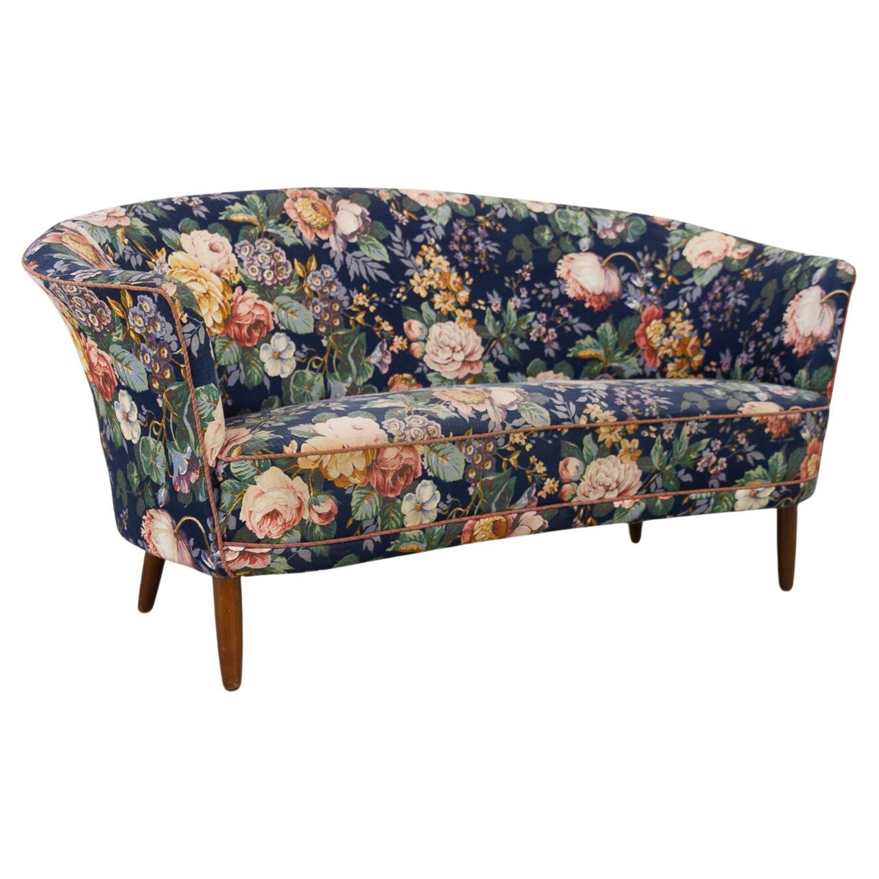 Danish Mid-Century Two Seater Banana Sofa with Floral Fabric, 1950s. For Sale