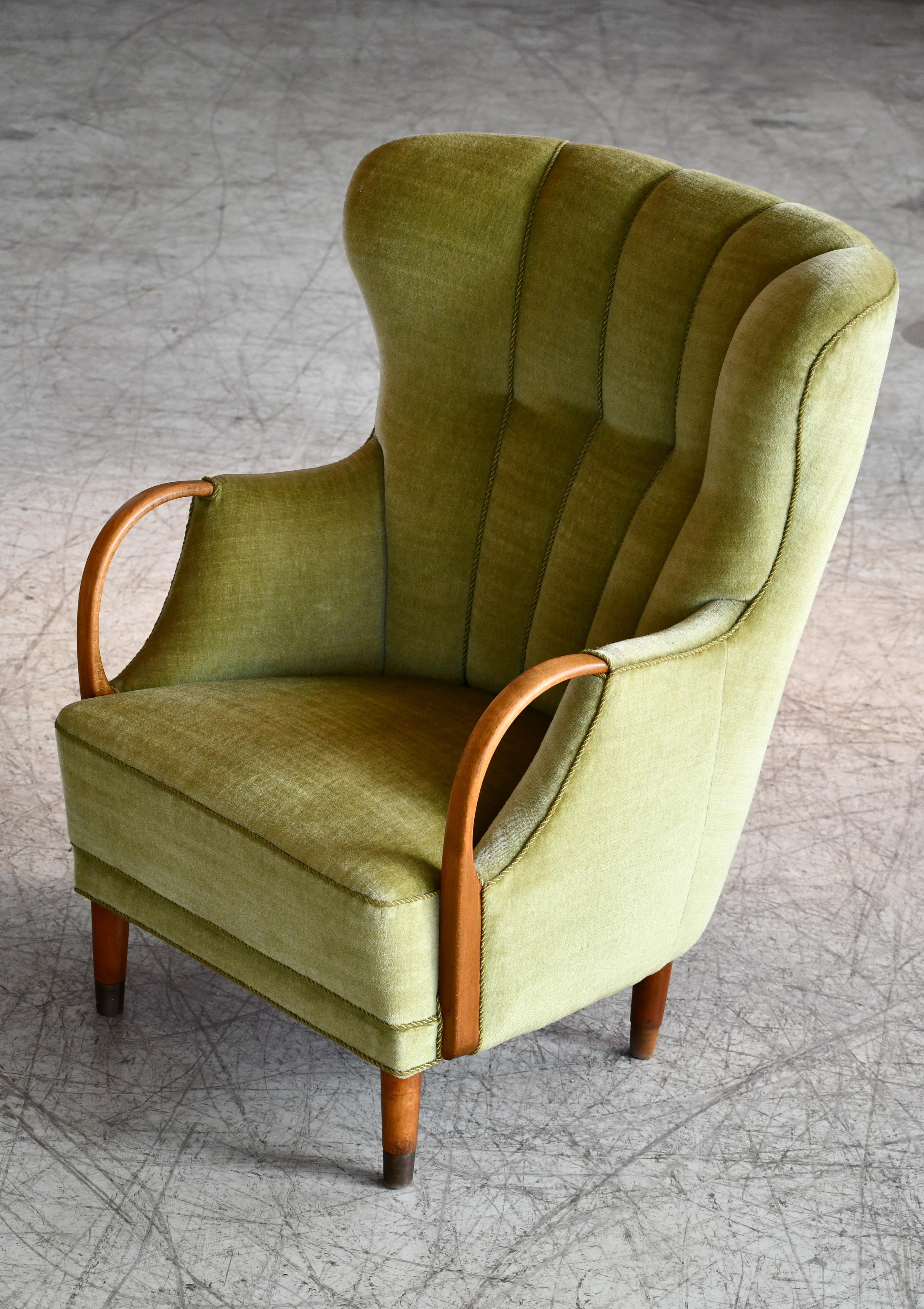 Wool Danish Midcentury Viggo Boesen Highback Lounge Chair with Open Armrests