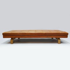 Danish Midcentury Vintage Cognac Leather and Oak Daybed with Floating Design