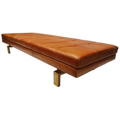 Danish Midcentury Vintage Cognac Leather and Oak Daybed with Floating Design