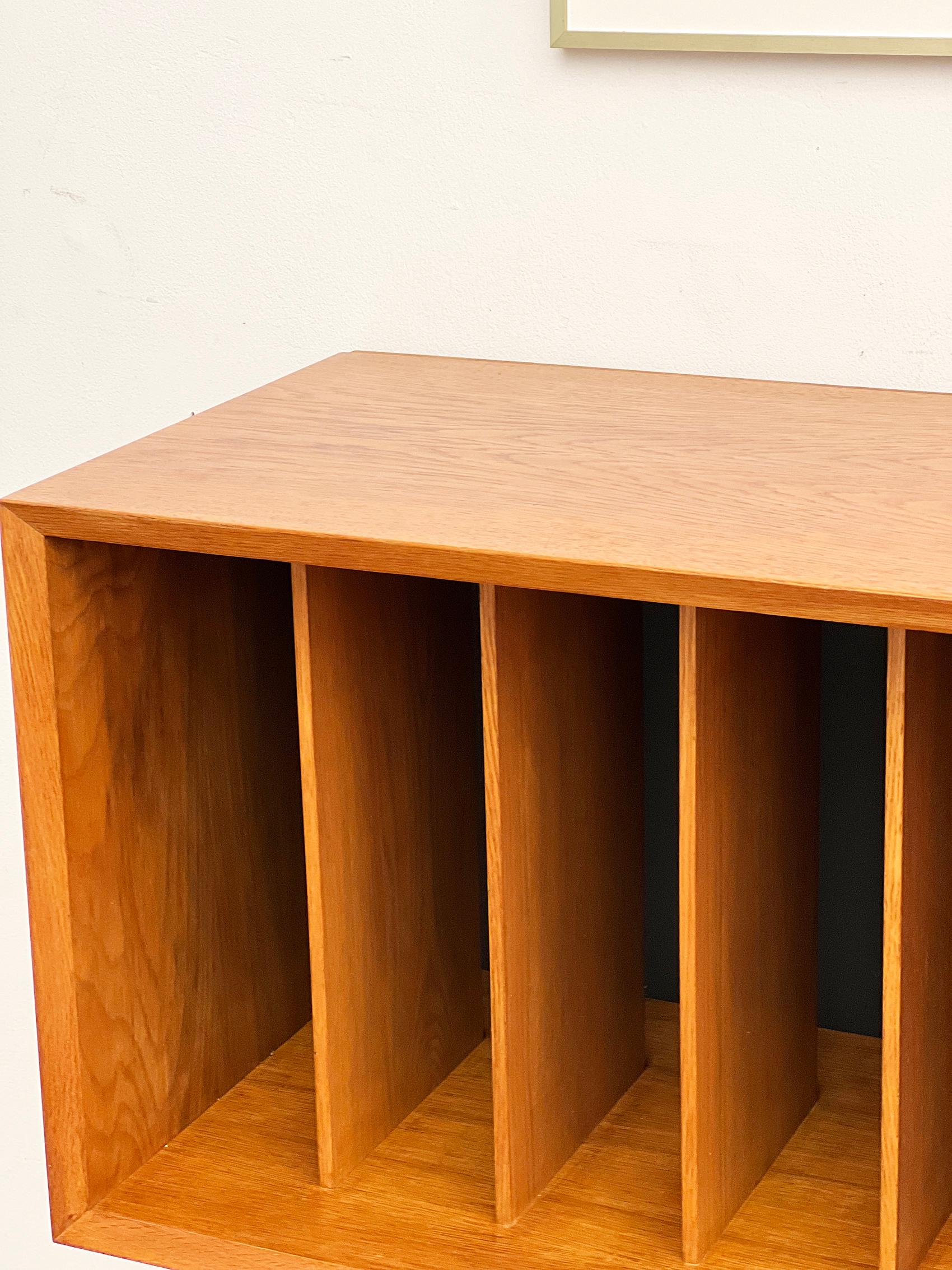 Teak Danish Mid-Century Vinyl Case or Wall mounted Storage Cabinet, Oak Wood For Sale
