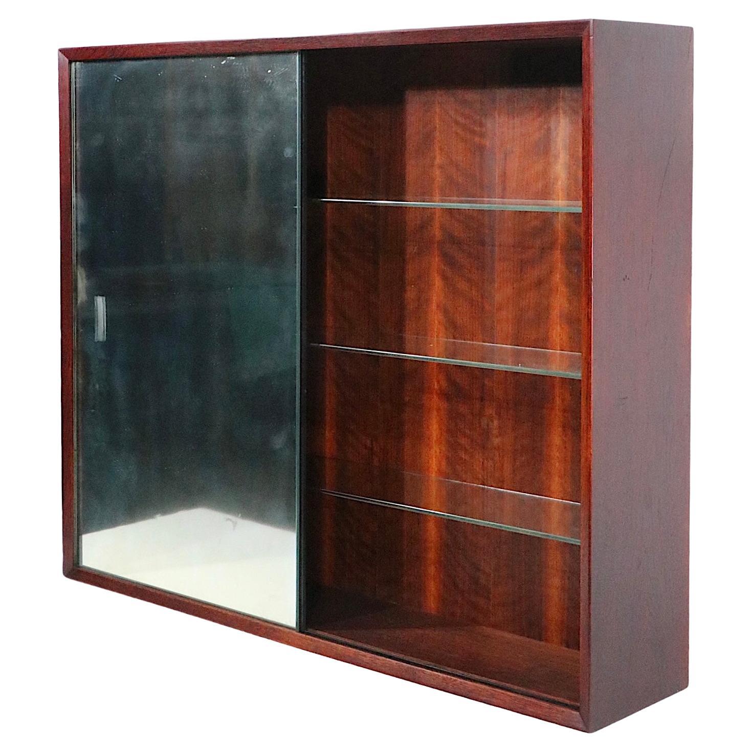 Danish Mid Century Wall Hanging Cabinet with Sliding Mirrored Doors, circa 1950s For Sale