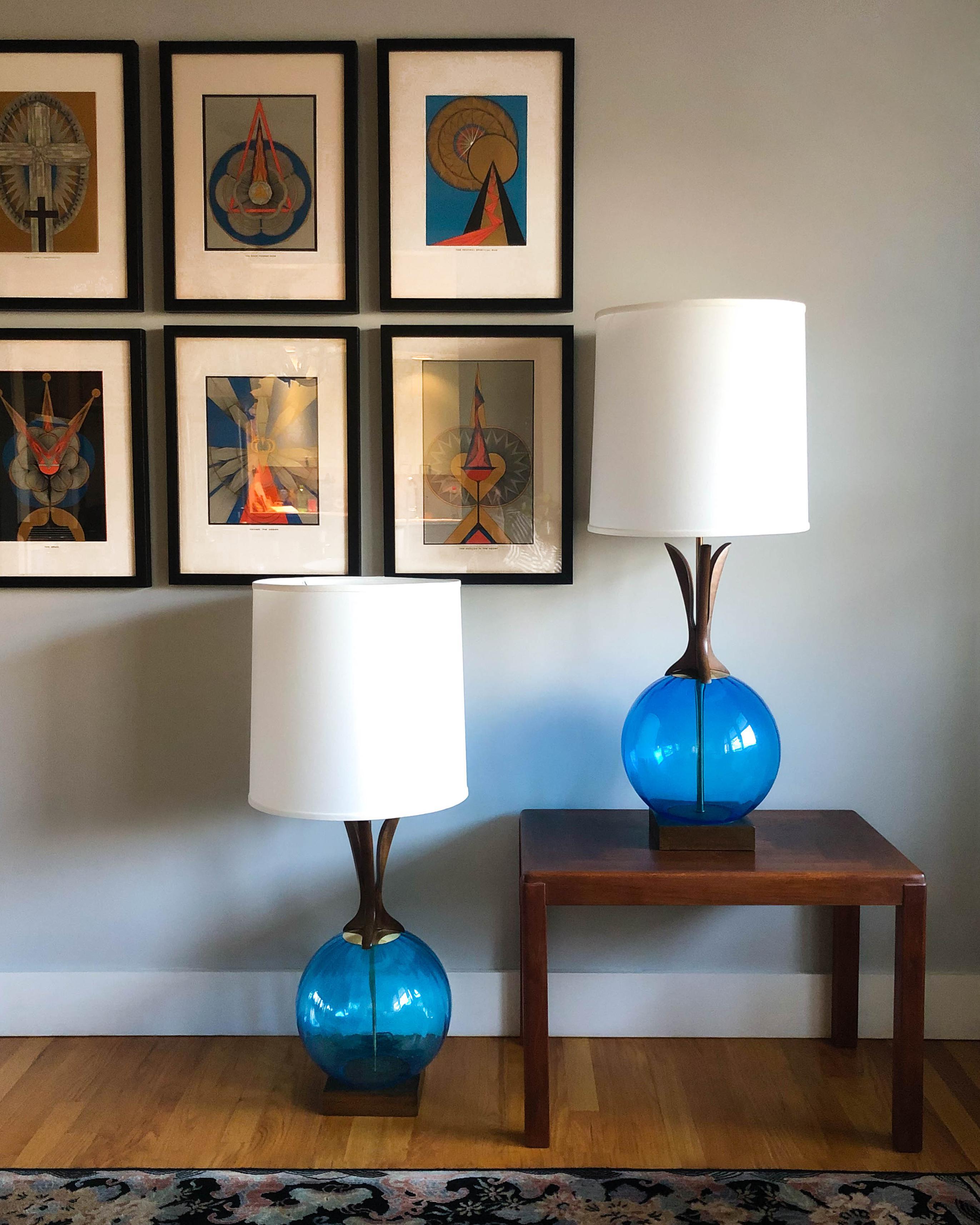 Pair of large, vintage walnut and blown glass table lamps, made in Denmark with an Adrian Pearsall / Modeline aesthetic. Shades not included.
Measures: 26” tall to top of socket
11” at widest
Base is 7” square.