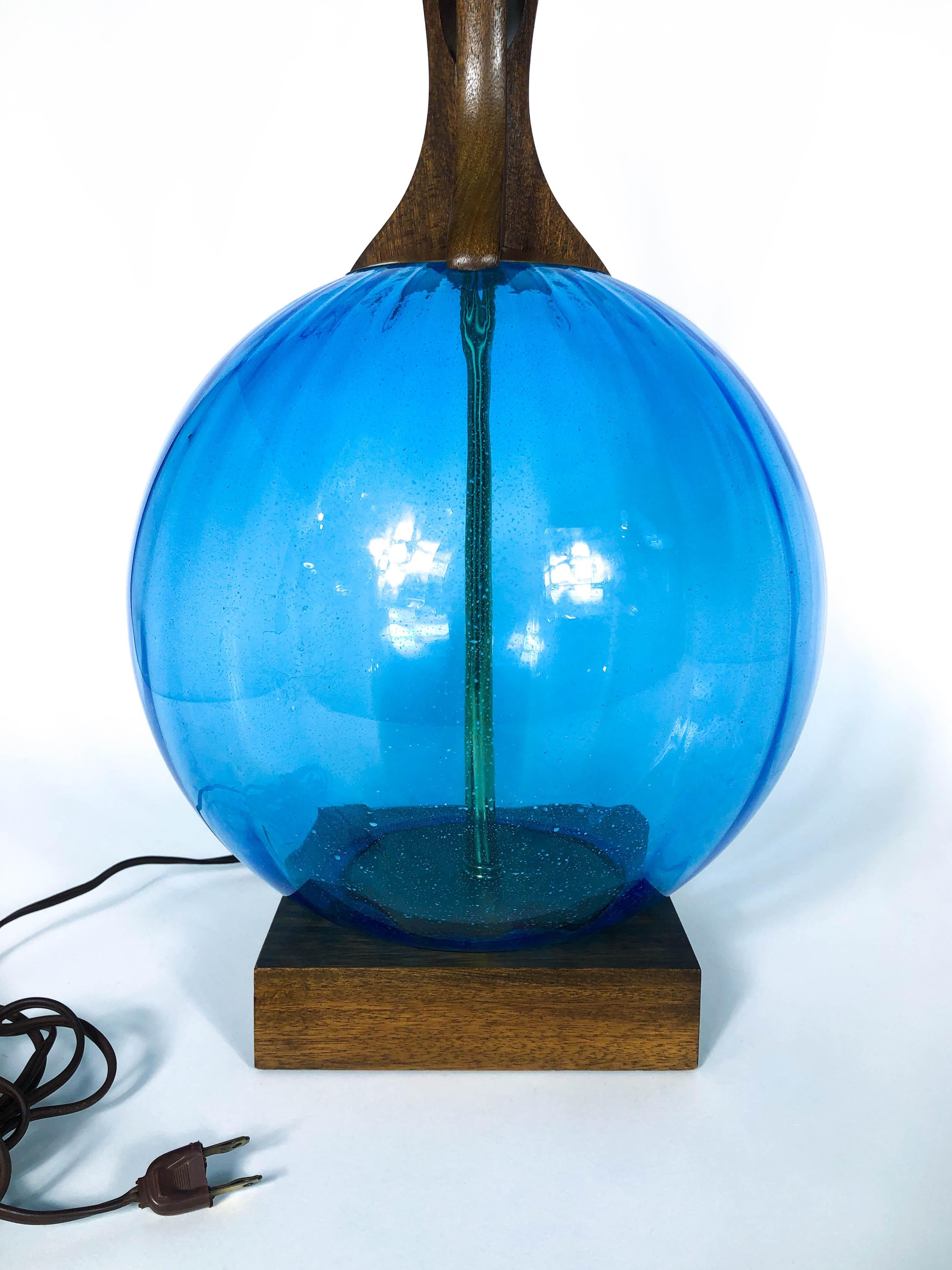 Mid-Century Modern Danish Midcentury Walnut and Blue Glass Lamps, a Pair