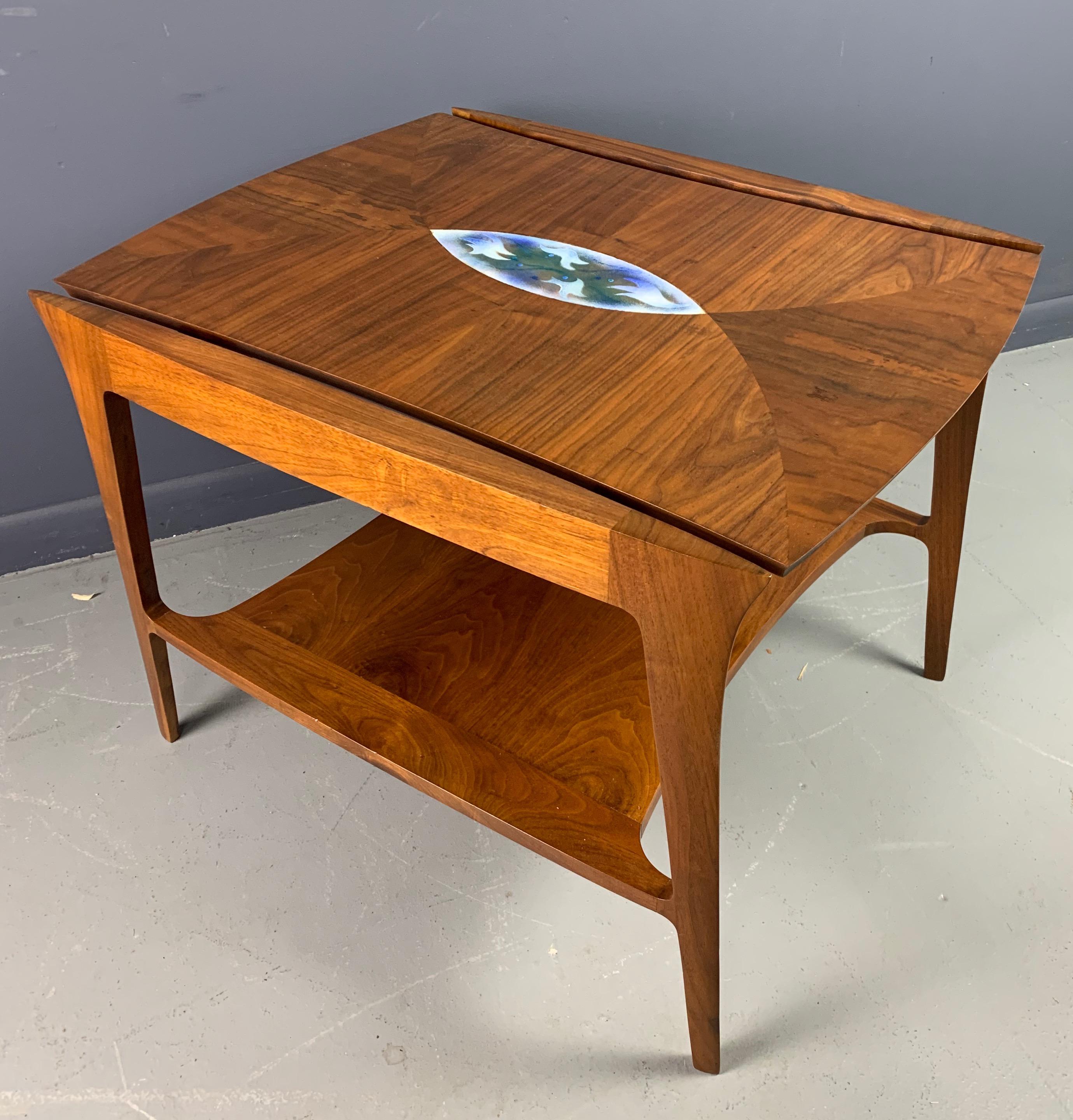 Danish Midcentury Walnut Sculpted Side Table with Enameled Insert of Birds For Sale 4