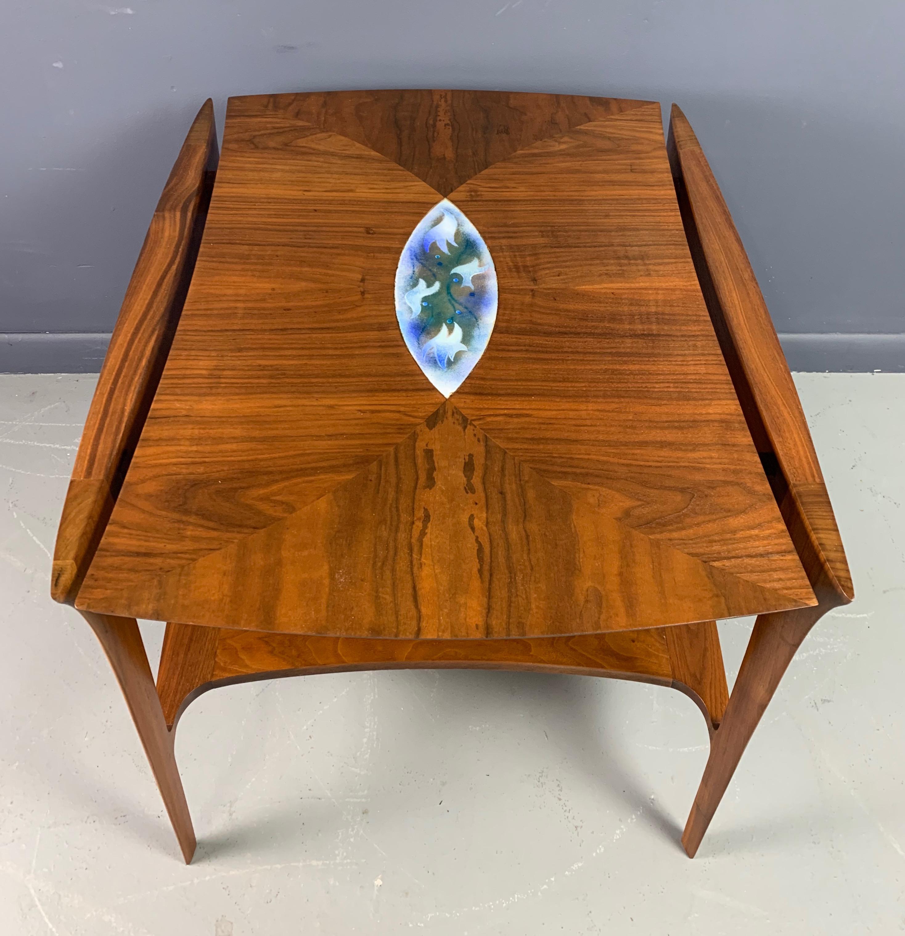 Danish Midcentury Walnut Sculpted Side Table with Enameled Insert of Birds For Sale 5