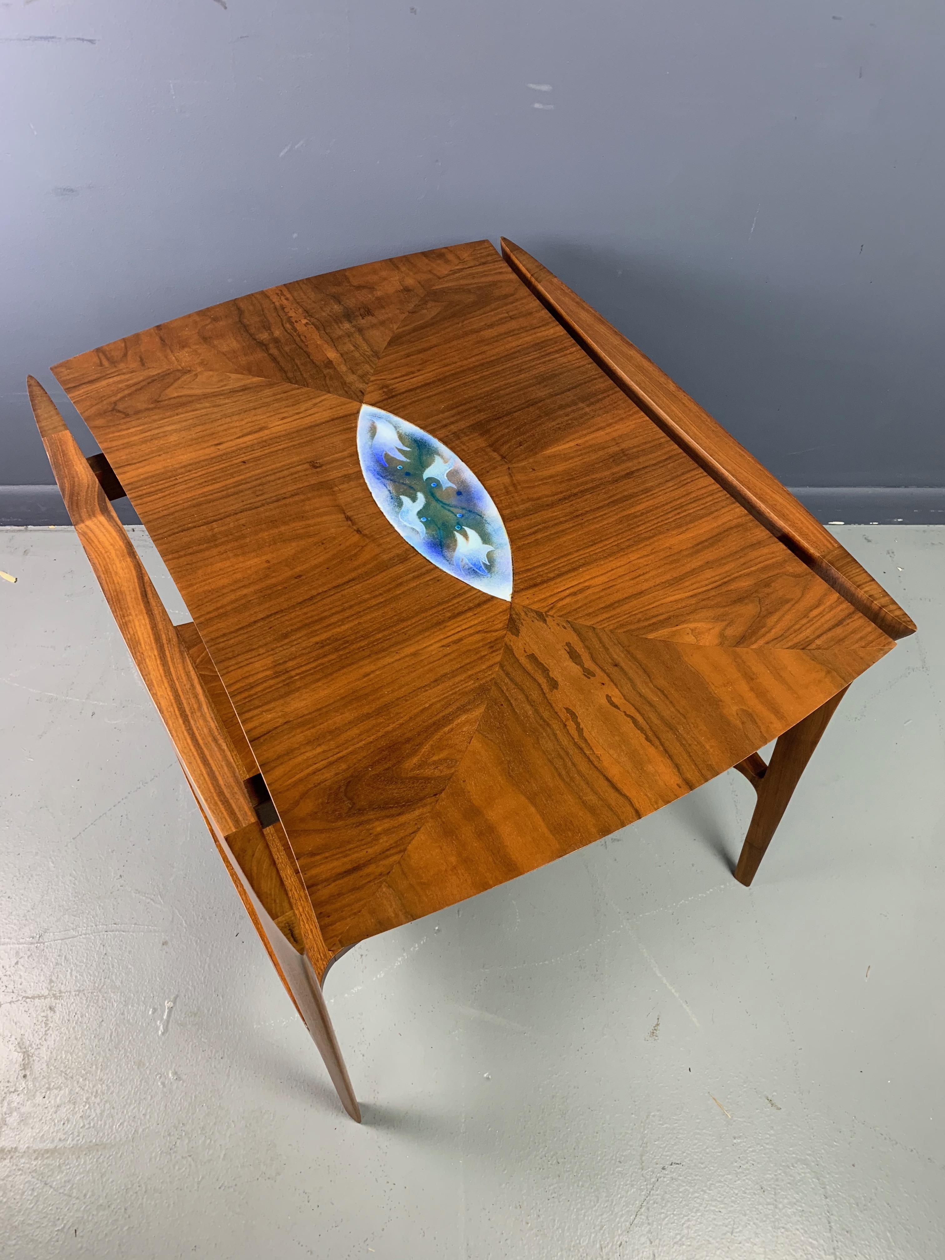 Mid-Century Modern Danish Midcentury Walnut Sculpted Side Table with Enameled Insert of Birds For Sale