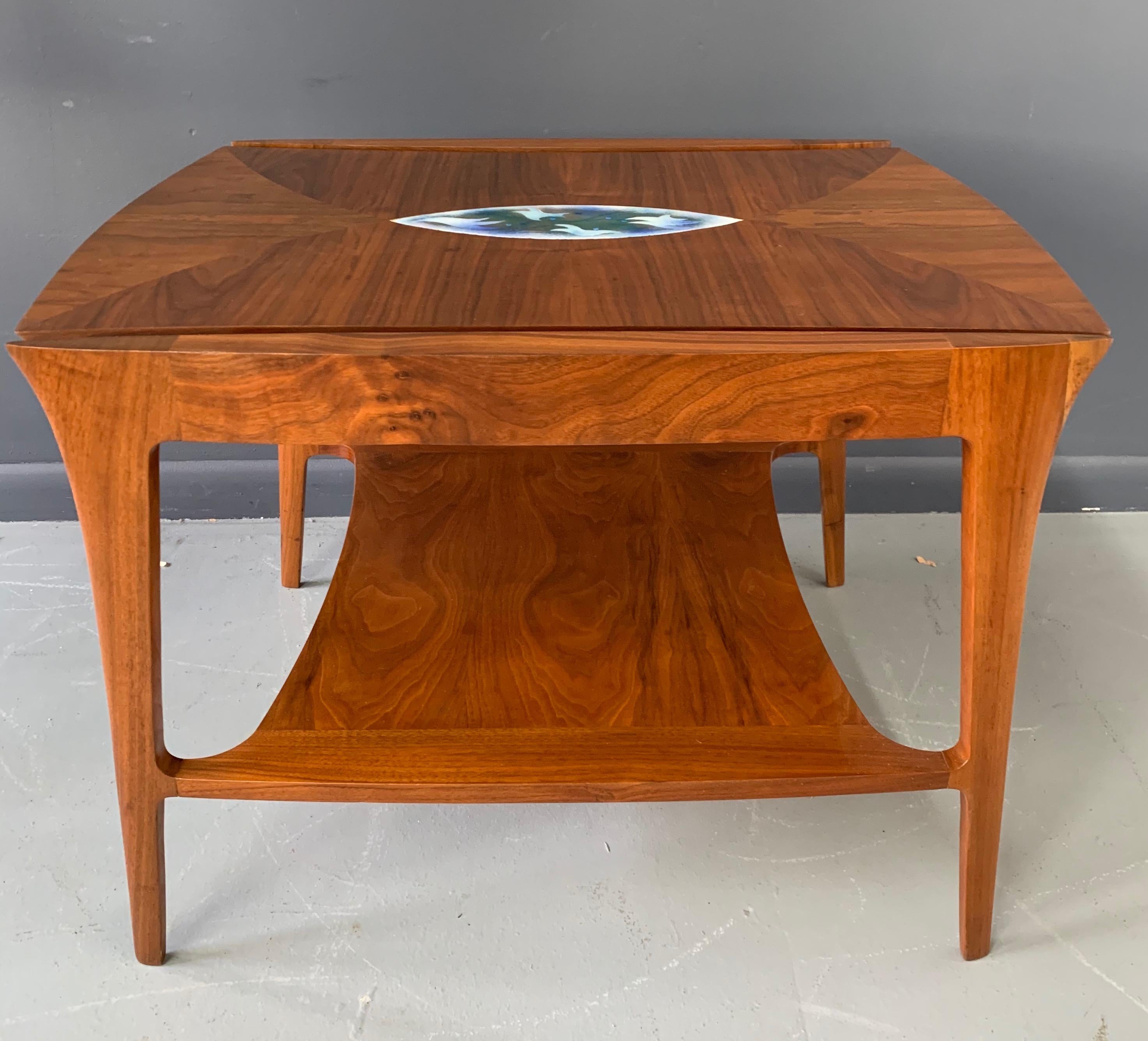European Danish Midcentury Walnut Sculpted Side Table with Enameled Insert of Birds For Sale