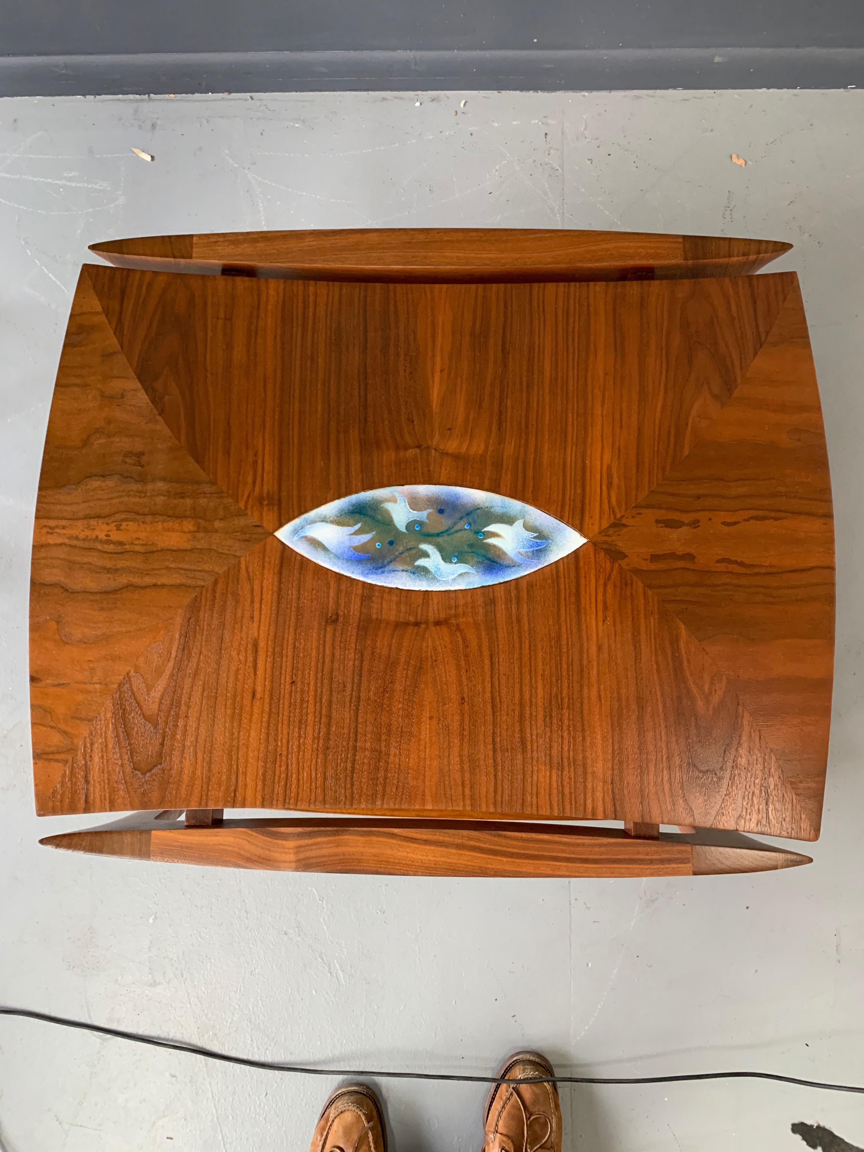 Danish Midcentury Walnut Sculpted Side Table with Enameled Insert of Birds In Good Condition For Sale In Philadelphia, PA