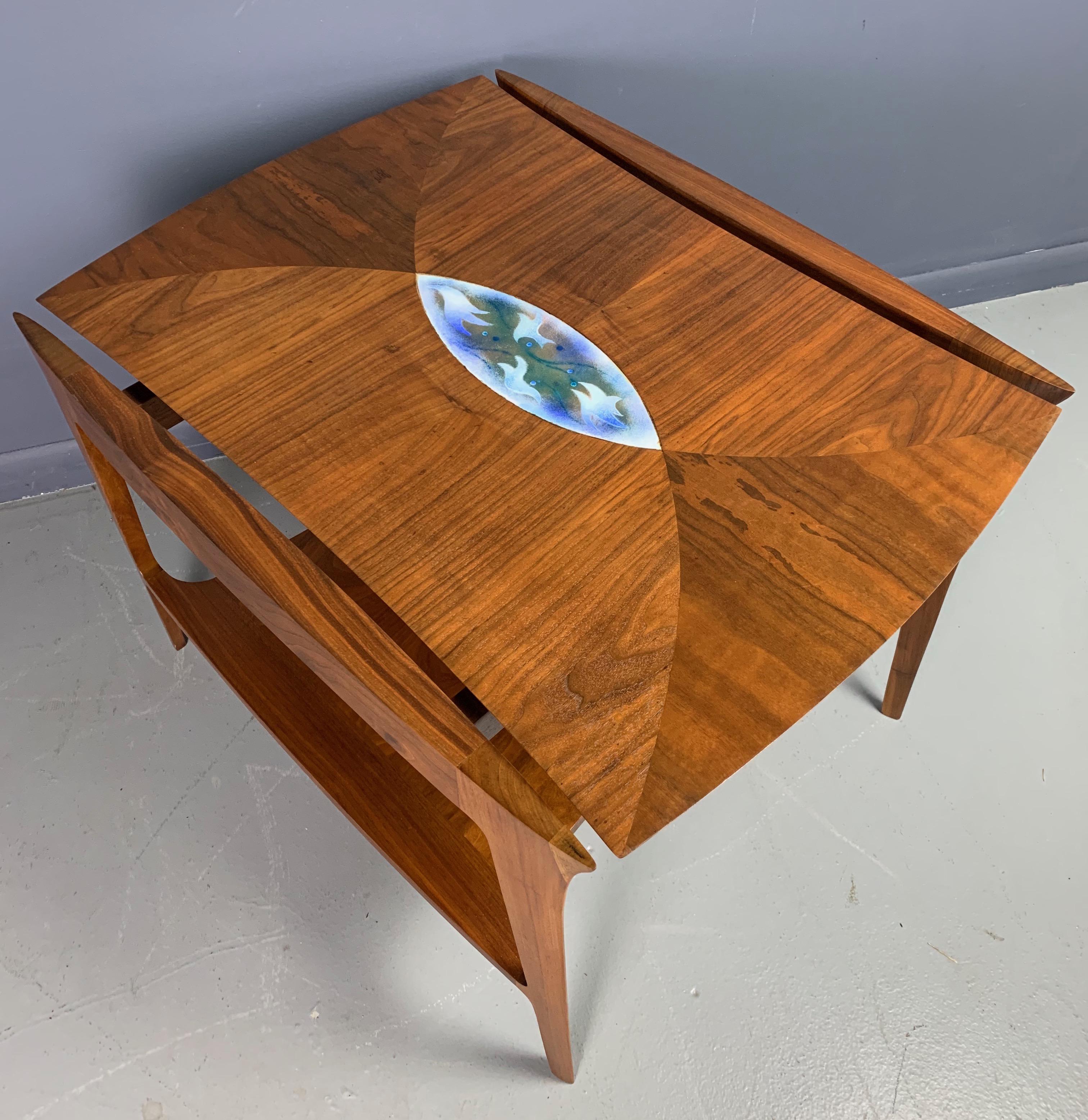 20th Century Danish Midcentury Walnut Sculpted Side Table with Enameled Insert of Birds For Sale