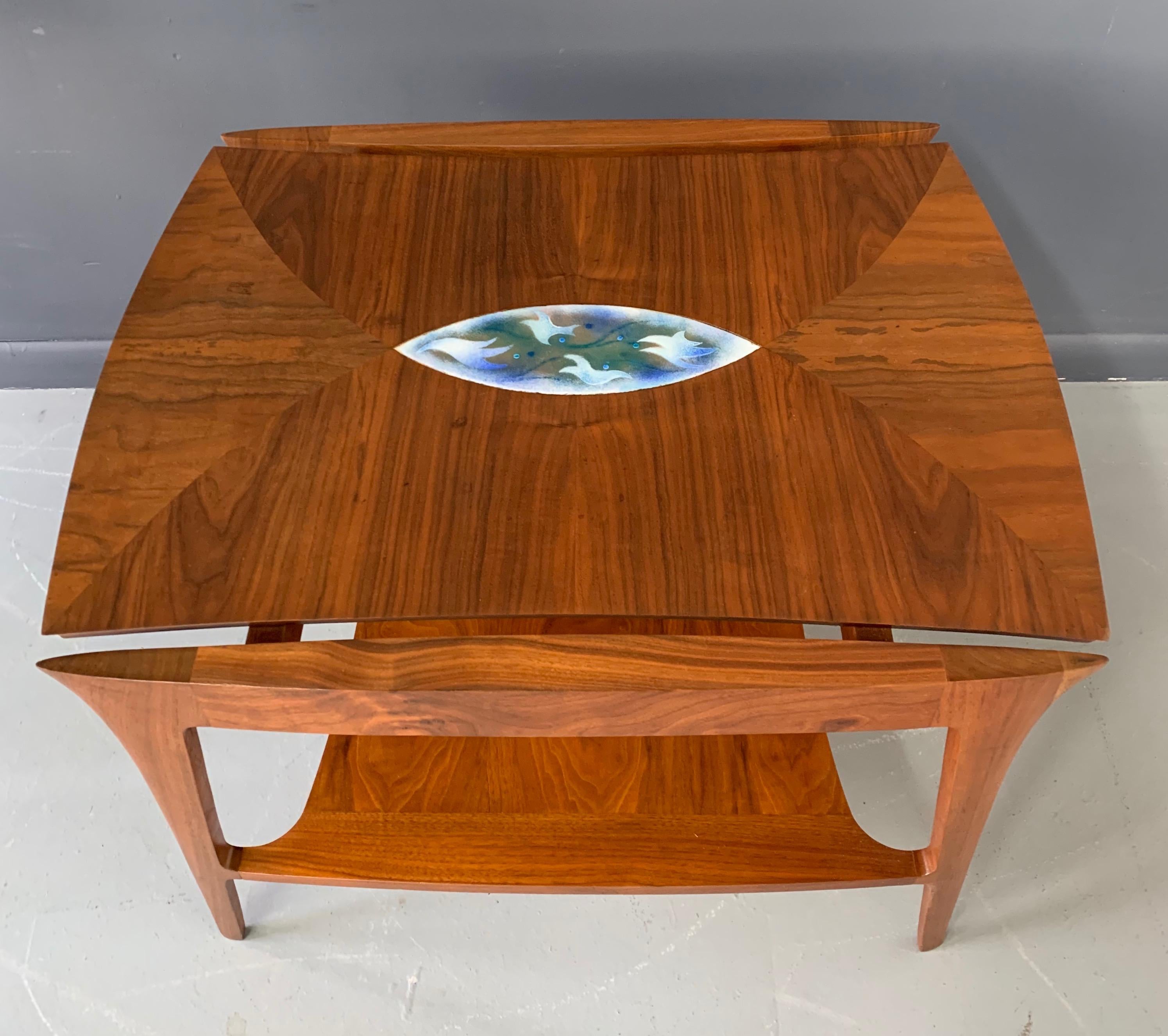 Danish Midcentury Walnut Sculpted Side Table with Enameled Insert of Birds For Sale 2