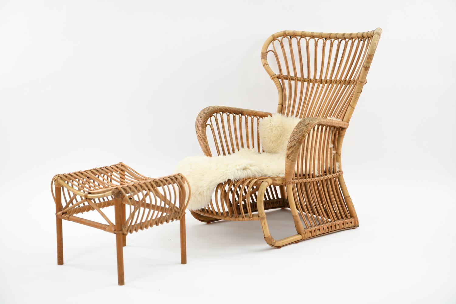 A gorgeous Danish midcentury sculptural bamboo wingback chair and ottoman designed by Viggo Boesen, Arne Jacobsen, or Kindt Larsen for Wengler, similar to Boesen's 