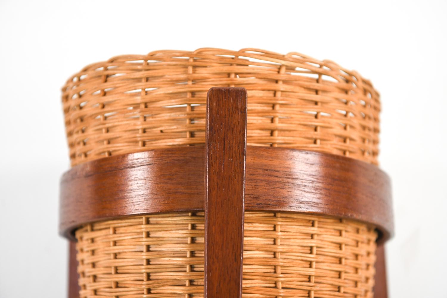 Danish Mid-Century Wicker Basket on Teak Stand For Sale 2