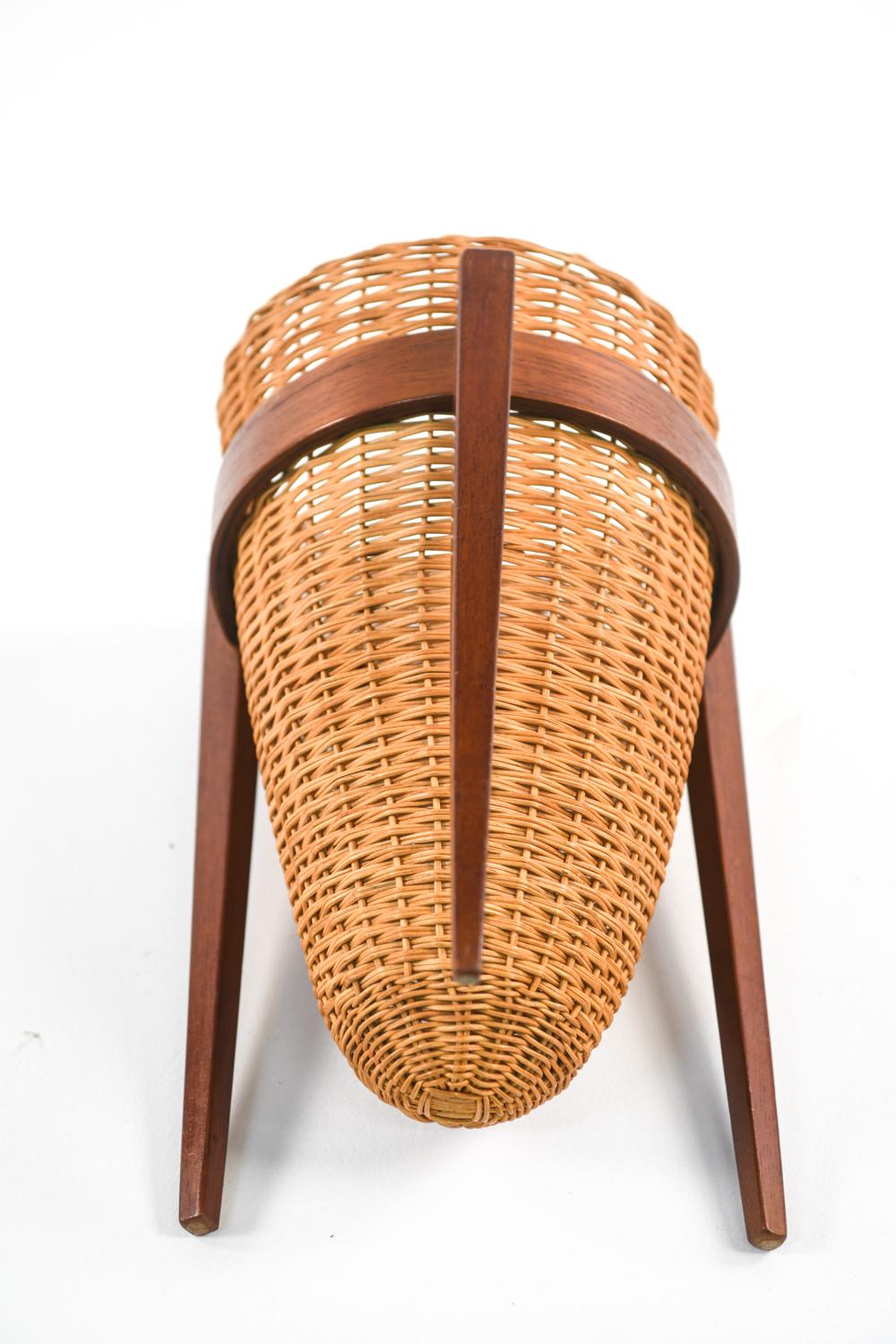 Danish Mid-Century Wicker Basket on Teak Stand For Sale 1