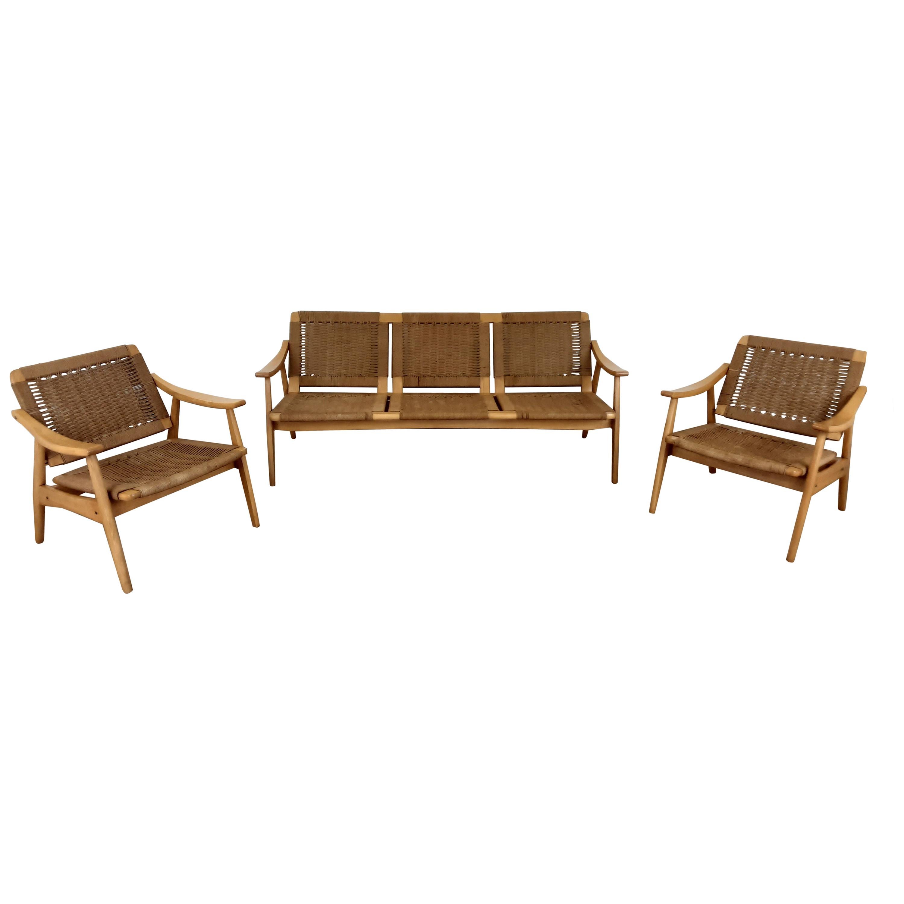 Danish Midcentury Wicker Lounge Suite with Tilt Back Armchairs For Sale