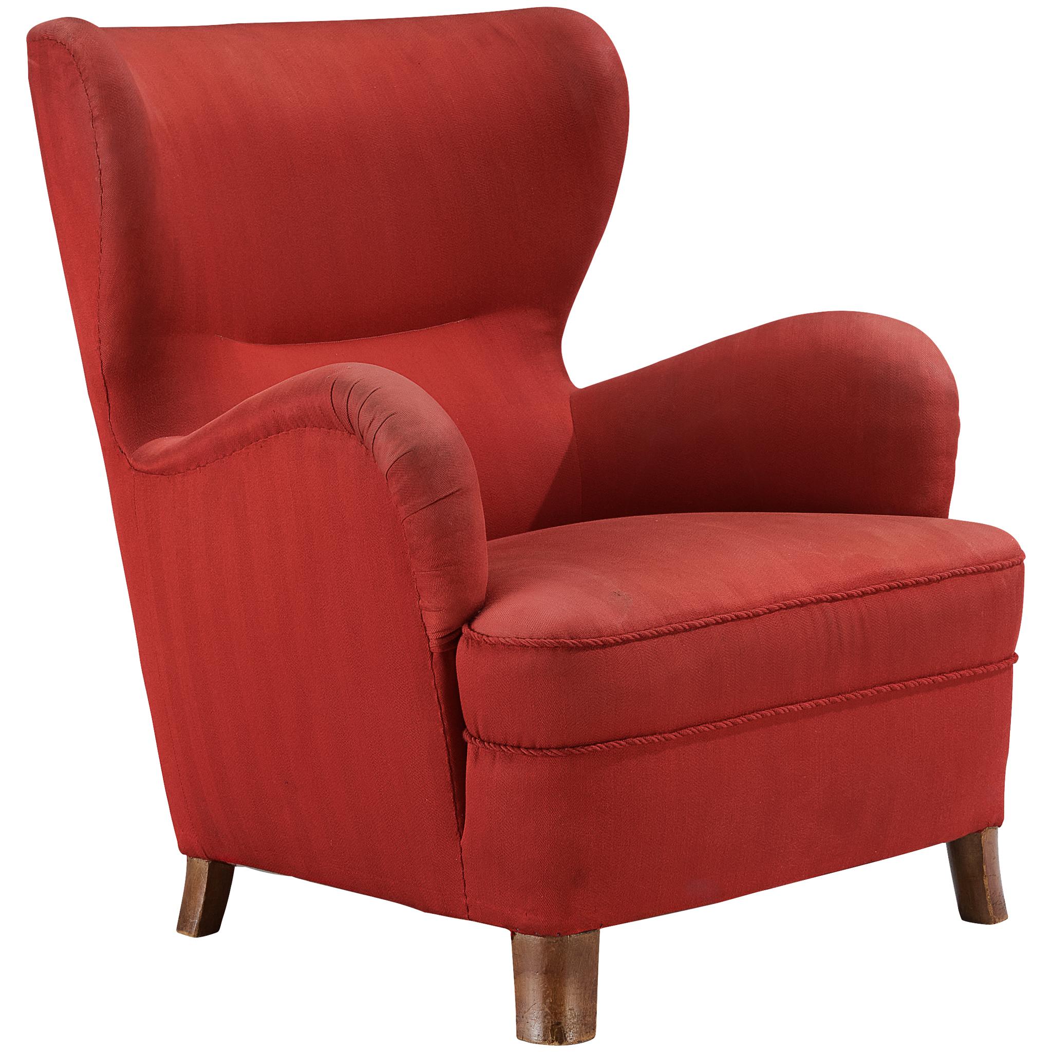 Danish Mid-Century Wingback Easy Chair in Red Upholstery and Walnut