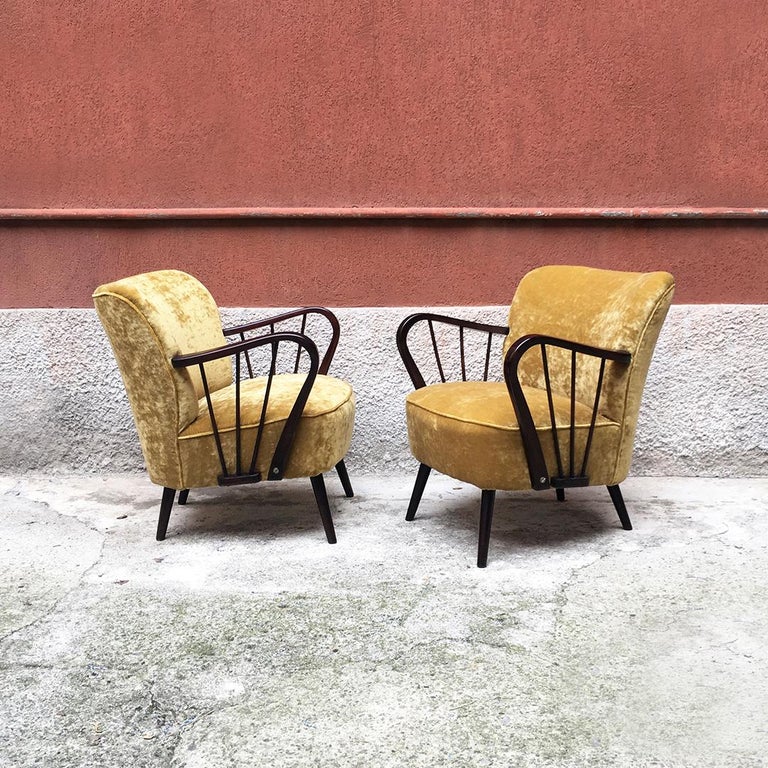 Danish Midcentury Wood Structure and MustardColored Velvet Armchairs