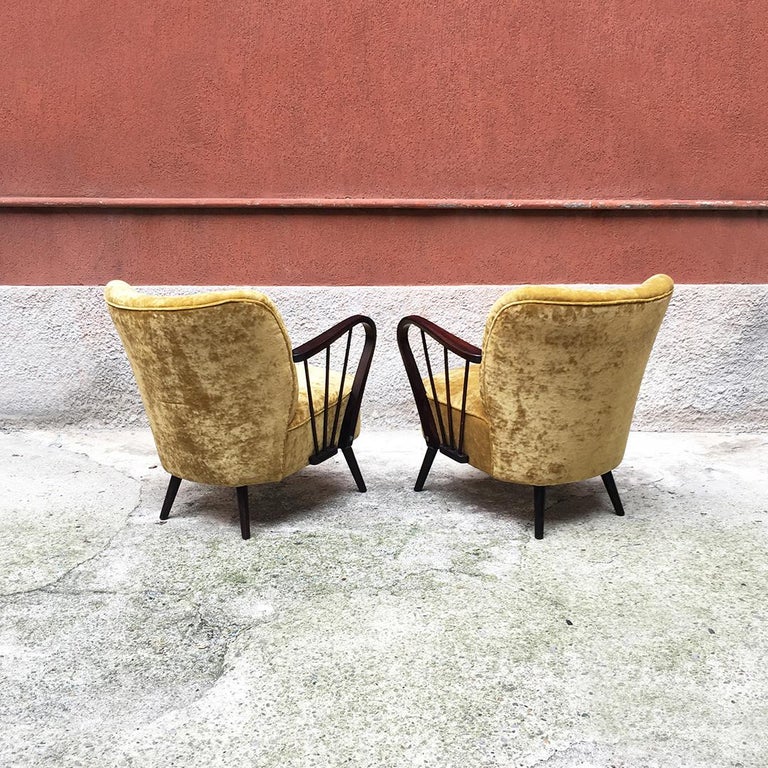 Danish Midcentury Wood Structure and MustardColored Velvet Armchairs