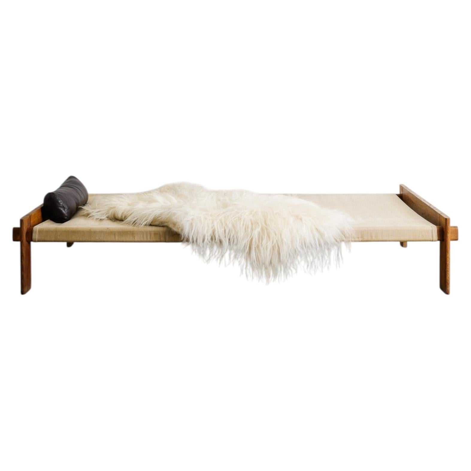 Danish Mid Century Wooden Daybed in Oak, Canvas & Leather by Tage Poulsen, 1950s