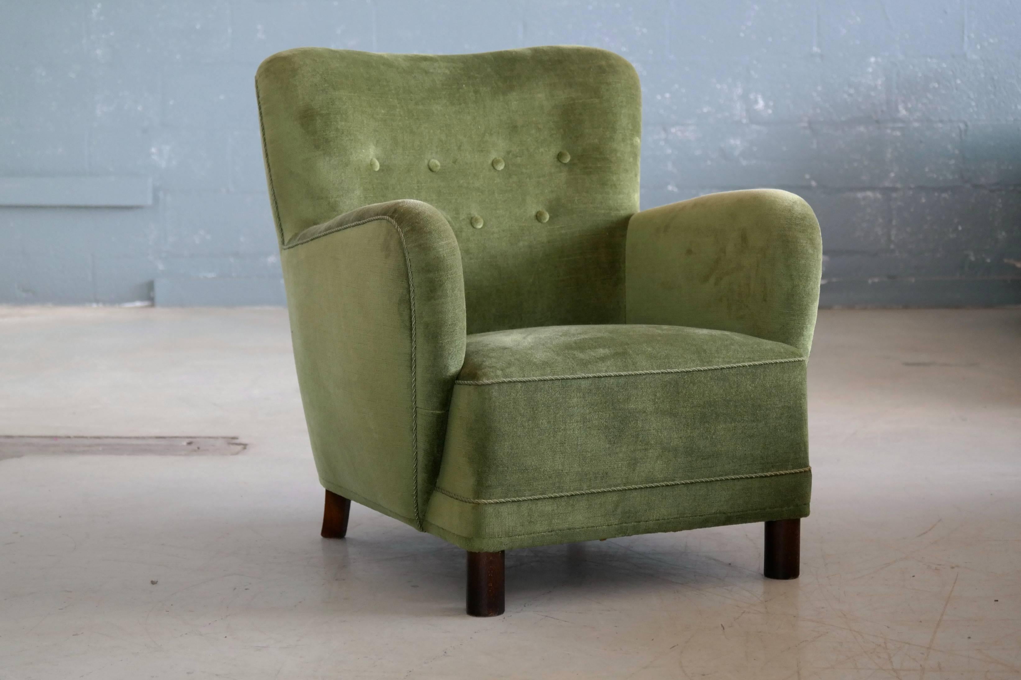 Scandinavian Modern Danish Midcentury, 1940s Mogens Lassen Attributed Lounge Chair in Mohair Velvet