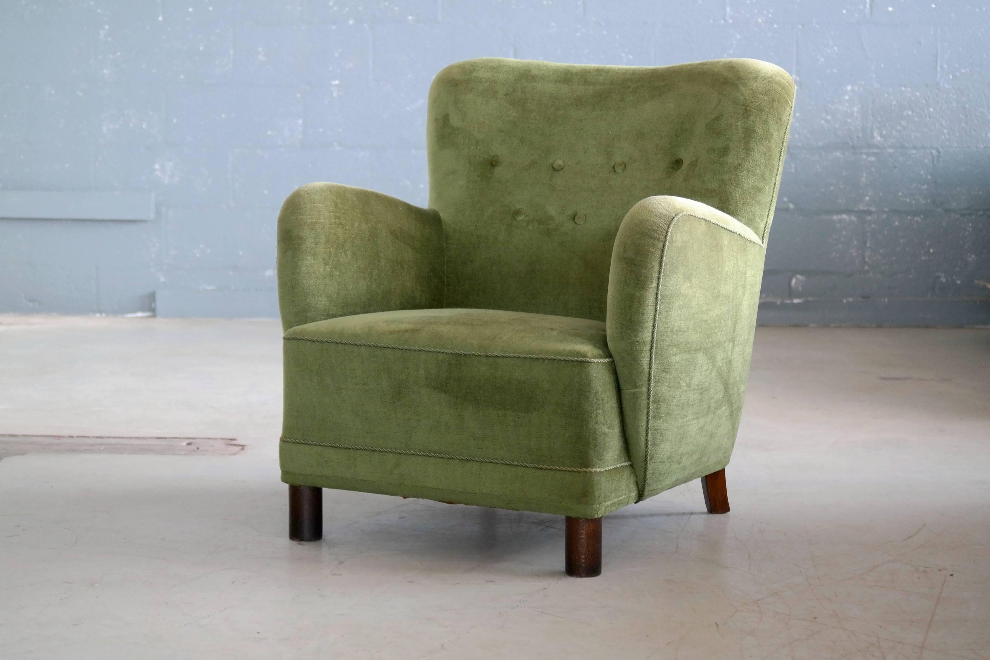Danish Midcentury, 1940s Mogens Lassen Attributed Lounge Chair in Mohair Velvet In Excellent Condition In Bridgeport, CT
