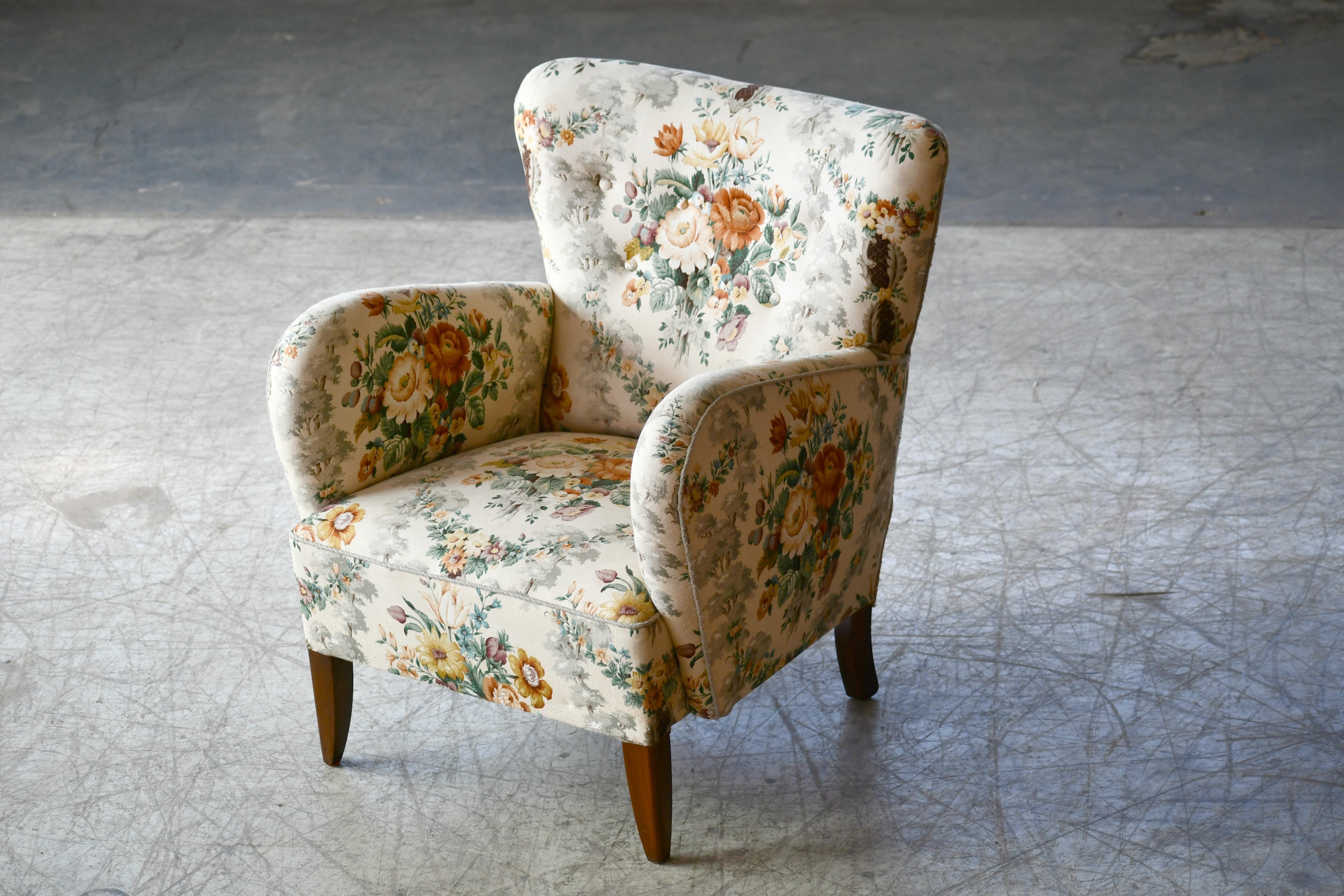 Cotton Danish Midcentury 1940s Flemming Lassen Style Lounge Chair in Floral Fabric