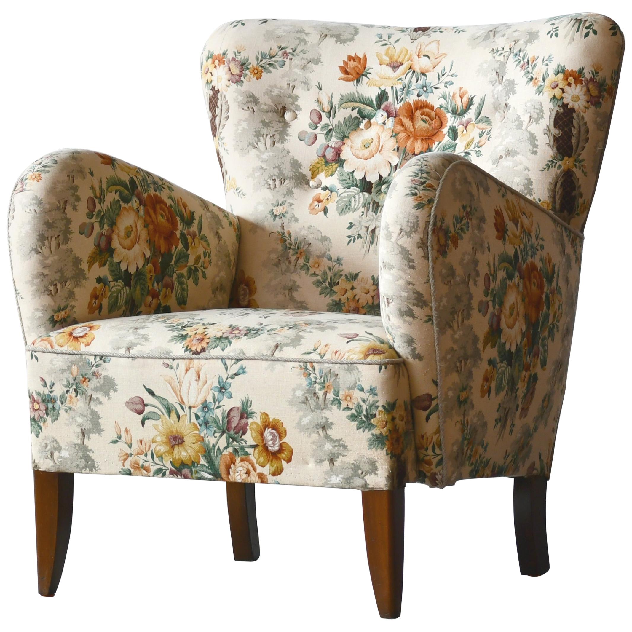 Danish Midcentury 1940s Flemming Lassen Style Lounge Chair in Floral Fabric