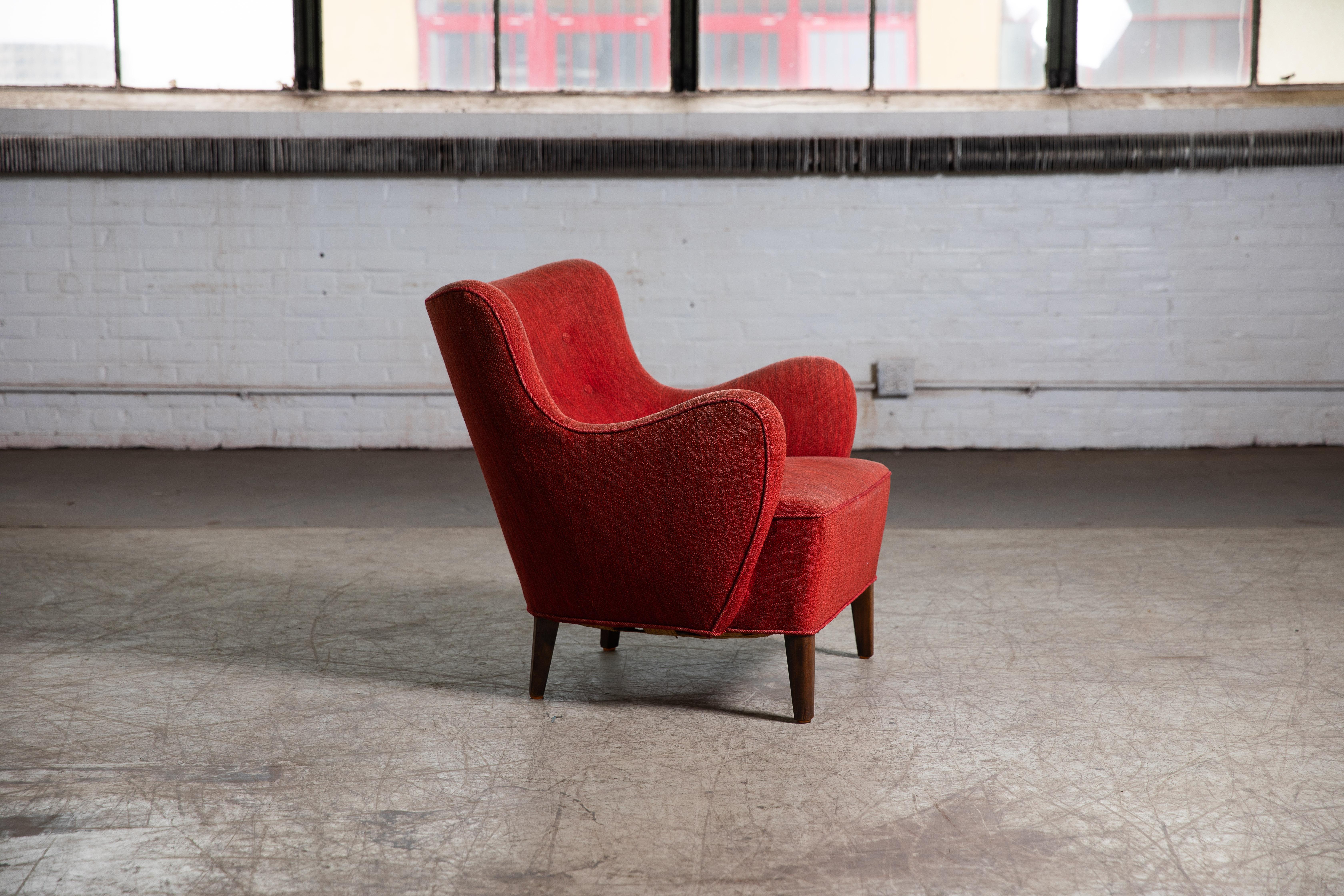 Cotton Danish Midcentury 1940s Flemming Lassen Style Low Lounge Chair