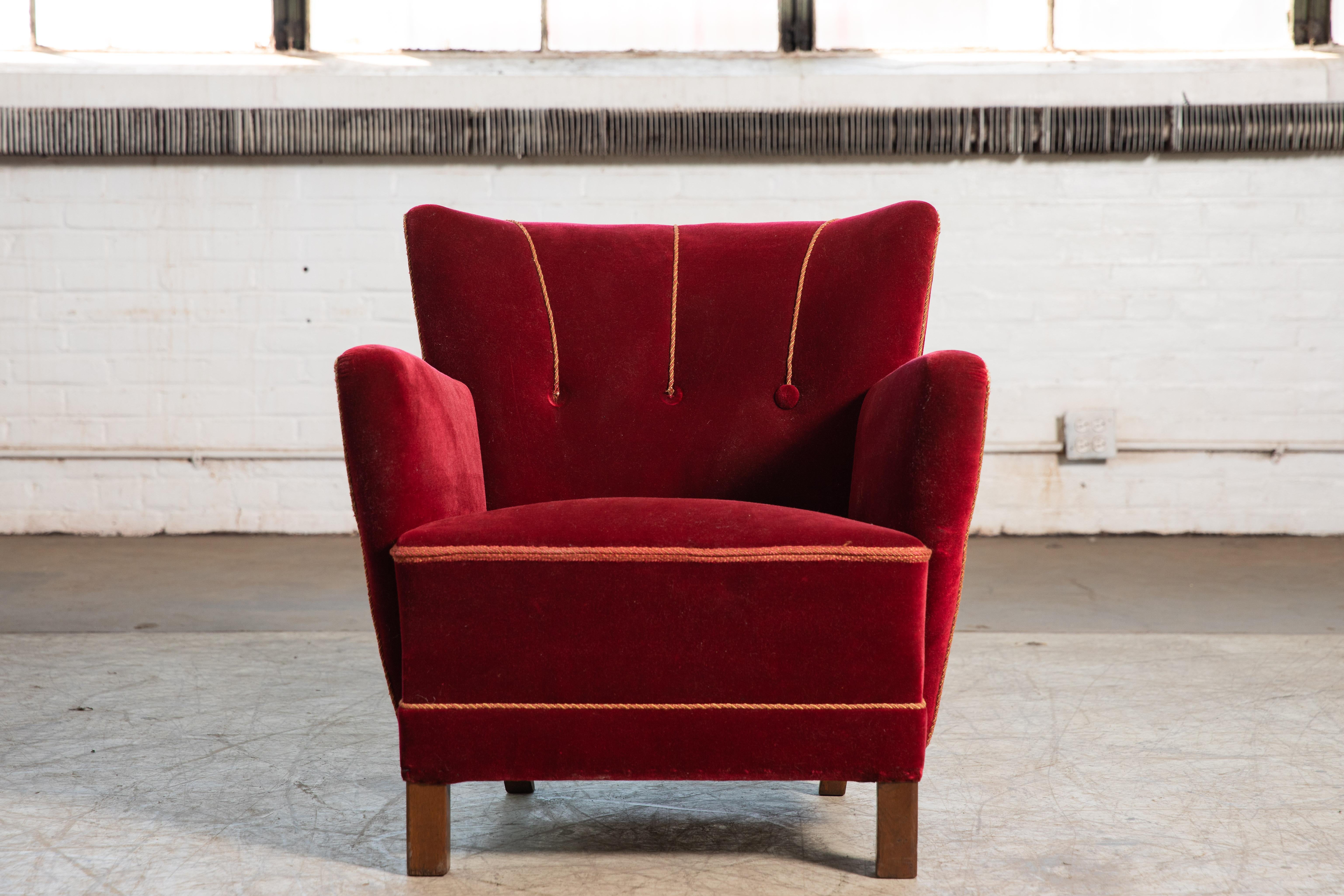 Mid-Century Modern Danish Midcentury 1940s Low Lounge Chair in Red Mohair