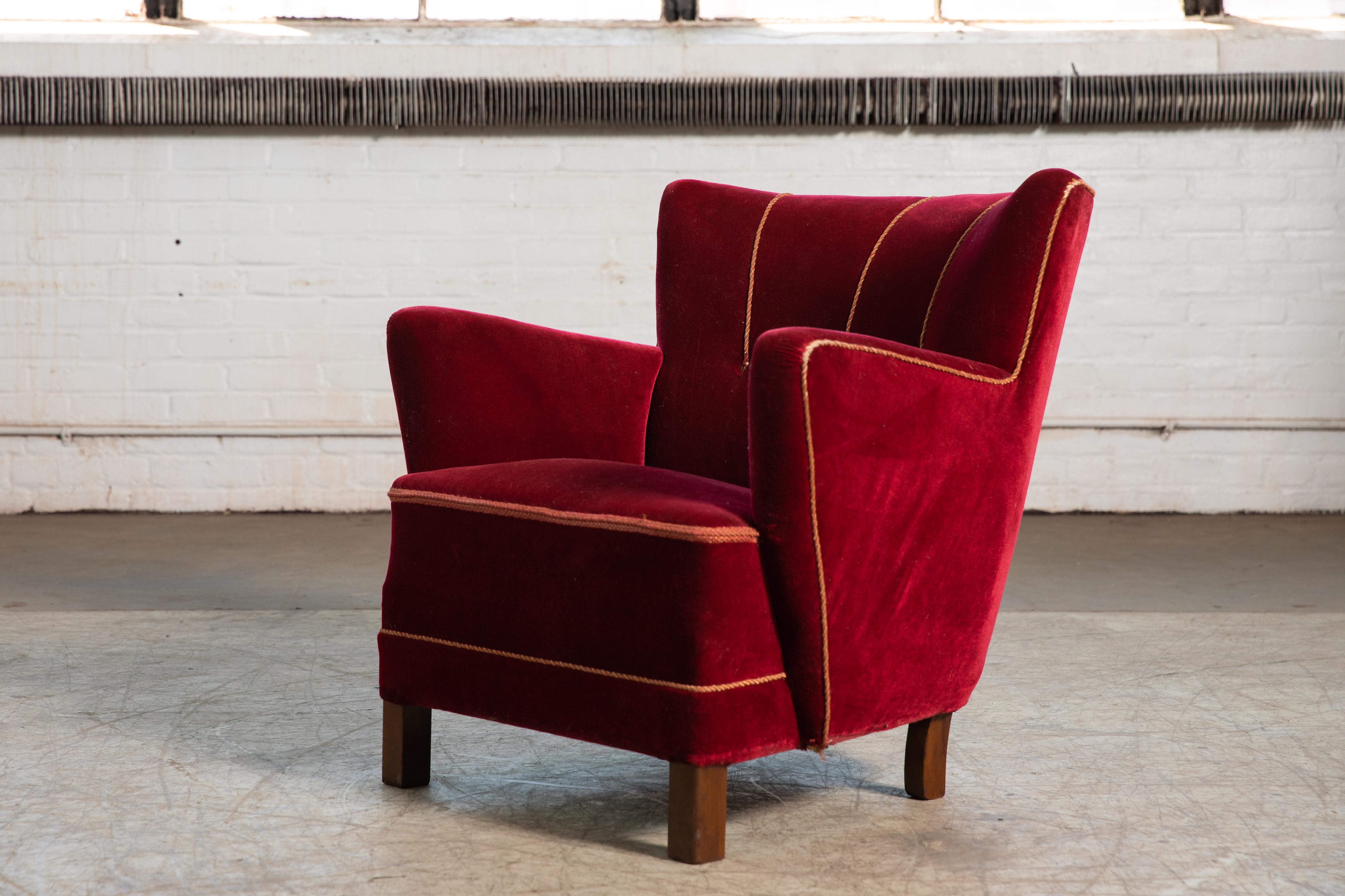 Danish Midcentury 1940s Low Lounge Chair in Red Mohair In Good Condition In Bridgeport, CT