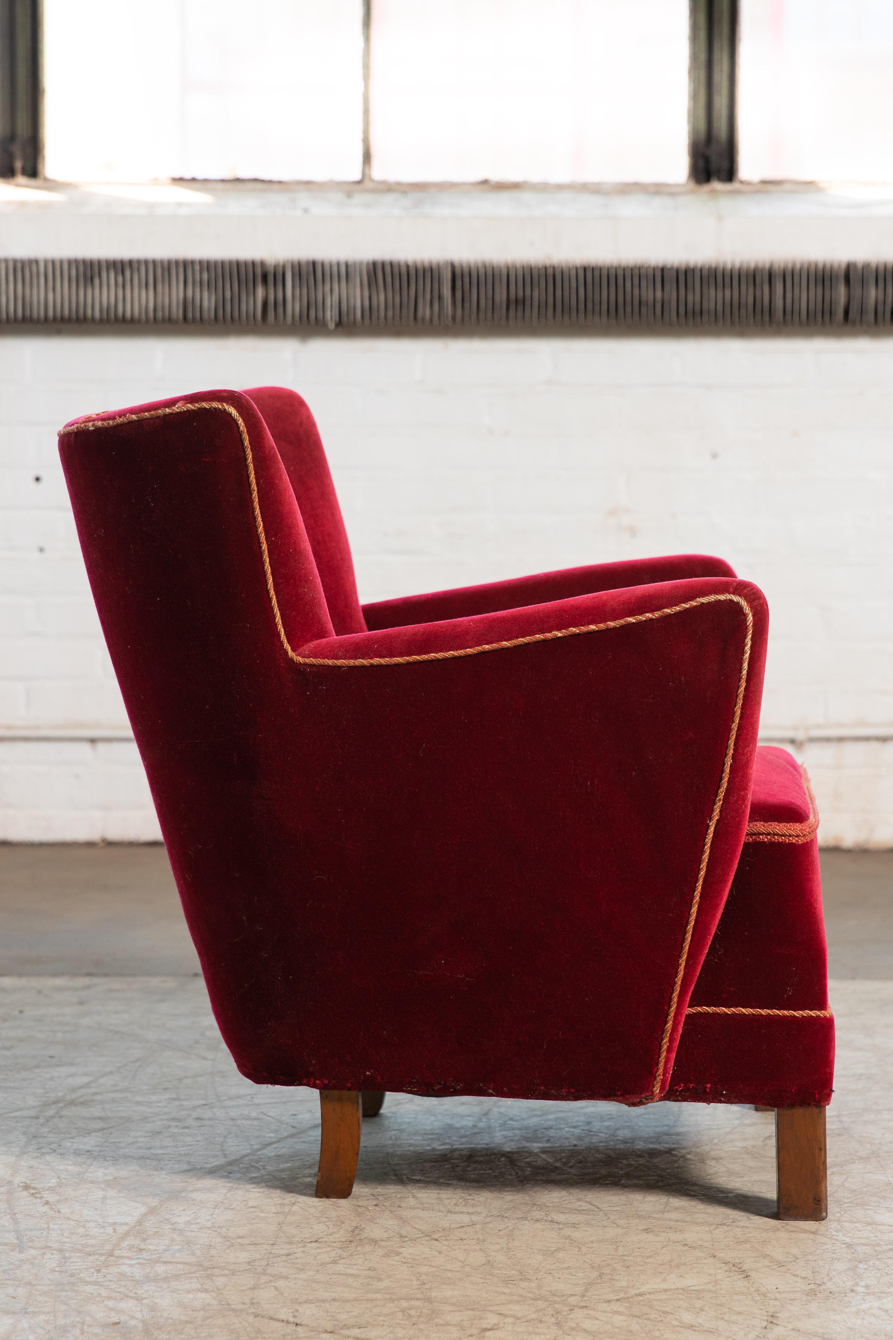 Mid-20th Century Danish Midcentury 1940s Low Lounge Chair in Red Mohair