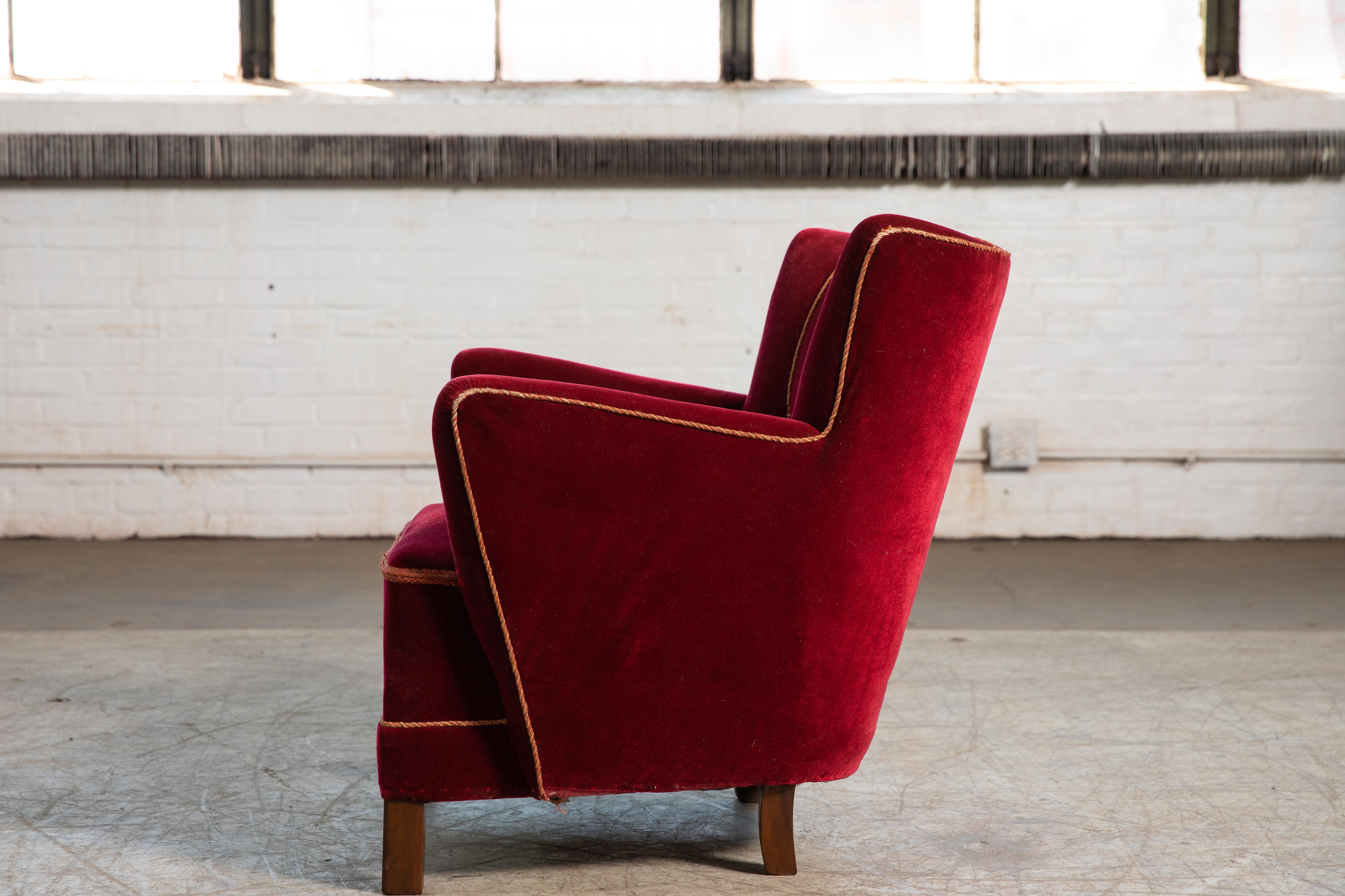 Danish Midcentury 1940s Low Lounge Chair in Red Mohair 1