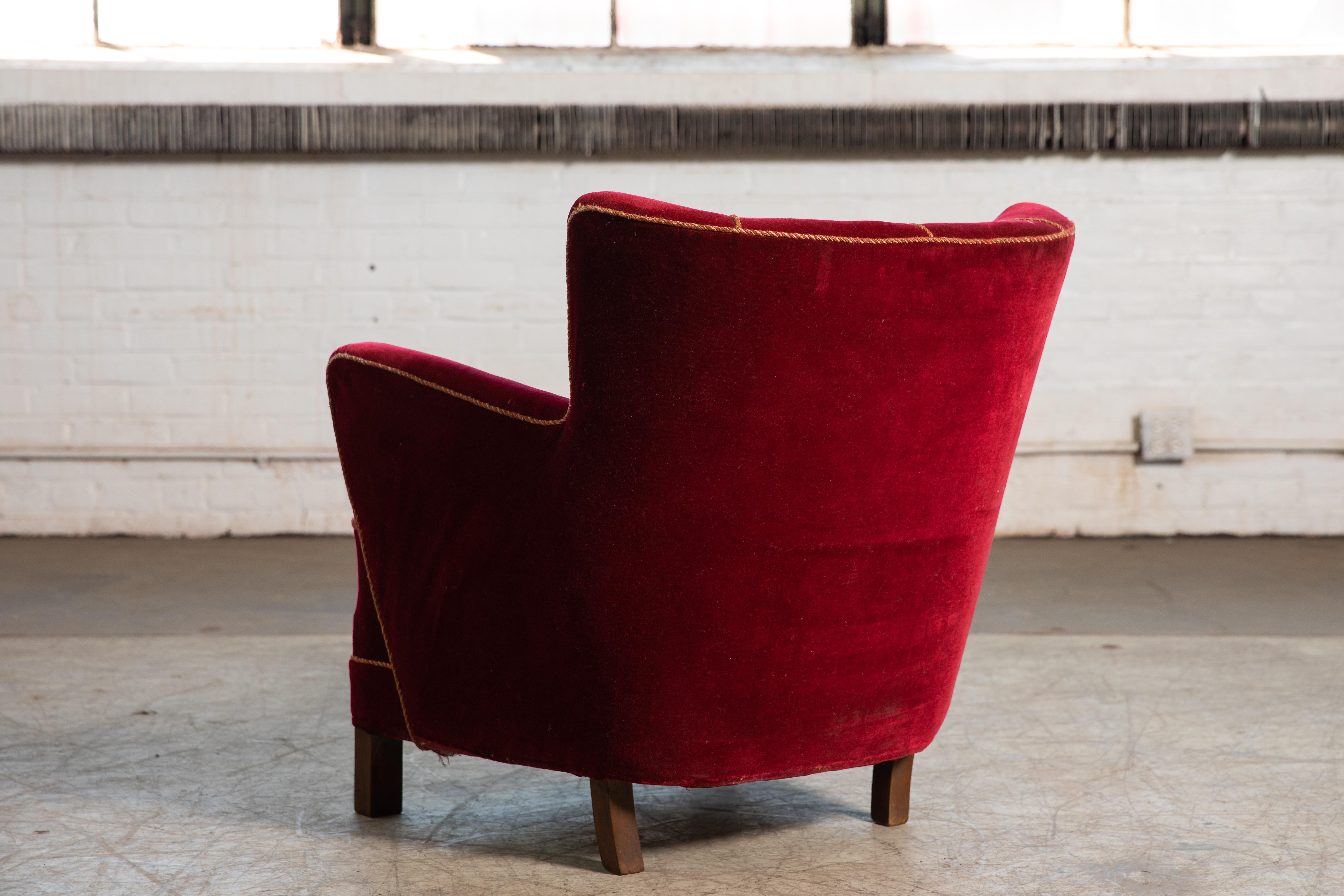 Danish Midcentury 1940s Low Lounge Chair in Red Mohair 2