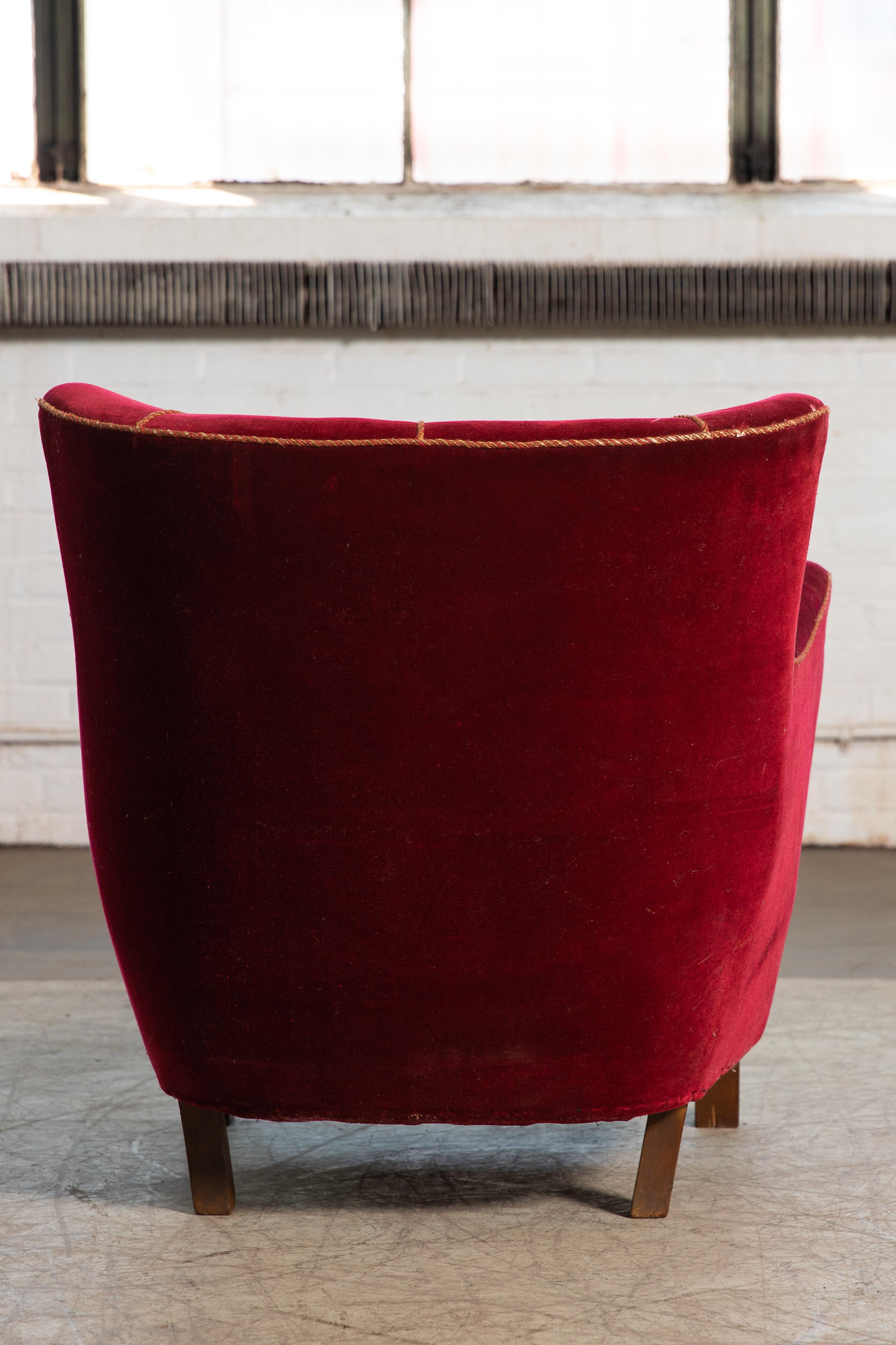 Danish Midcentury 1940s Low Lounge Chair in Red Mohair 3
