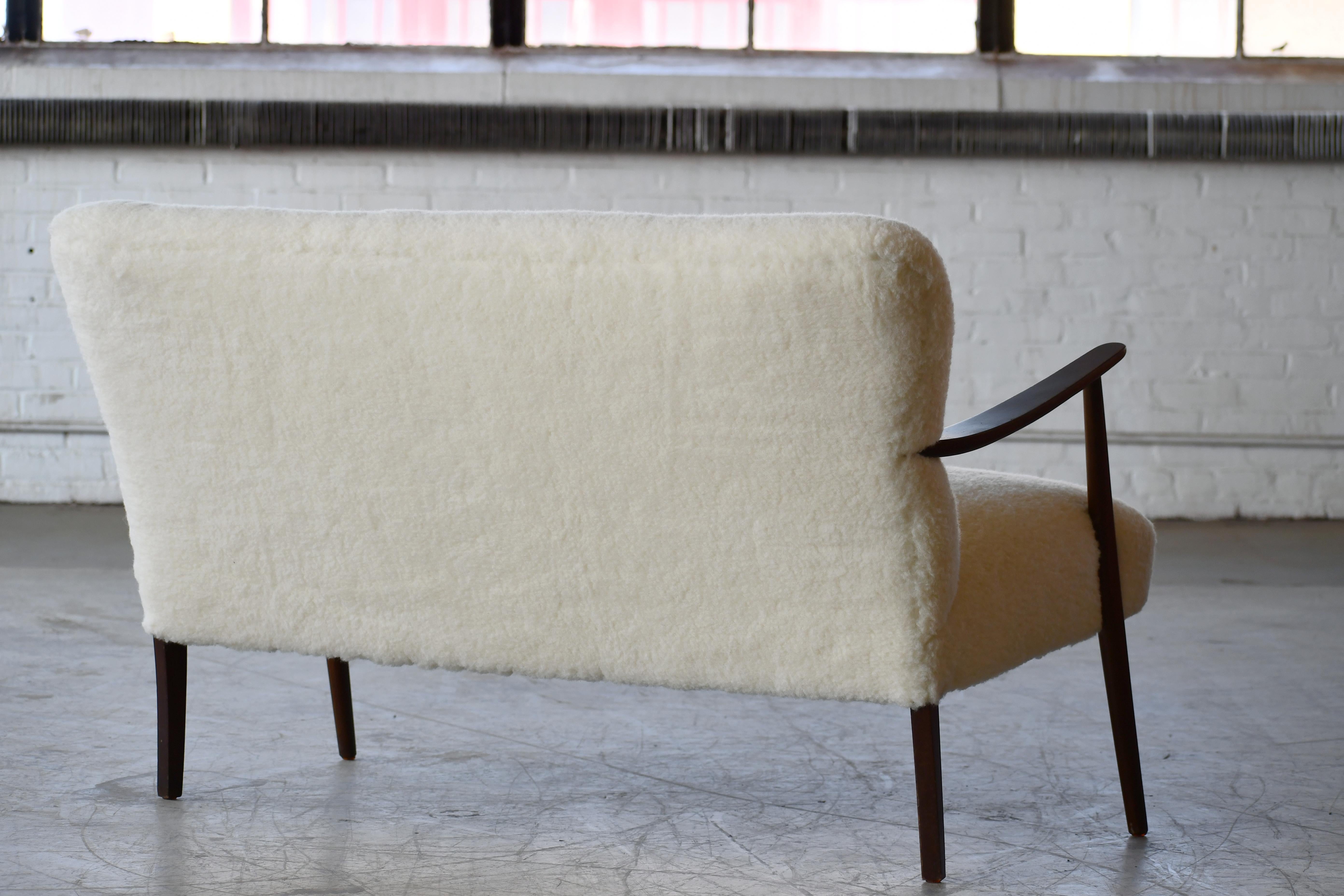 Wool Danish Midcentury 1950's Loveseat Covered in Lambswool