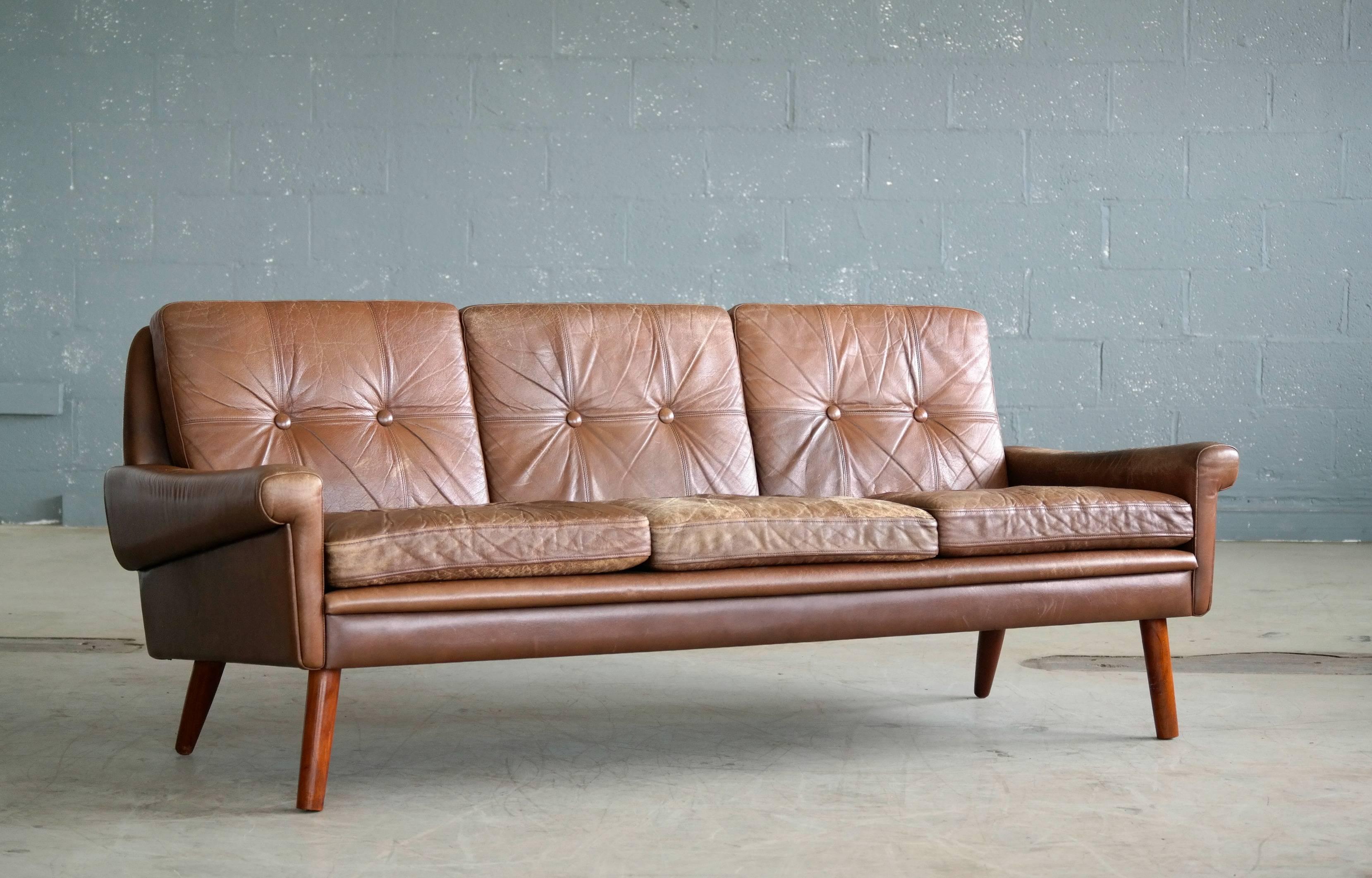 Scandinavian Modern Danish Midcentury 1960s Three-Seat Sofa in Brown Patinated Leather, Sven Skipper