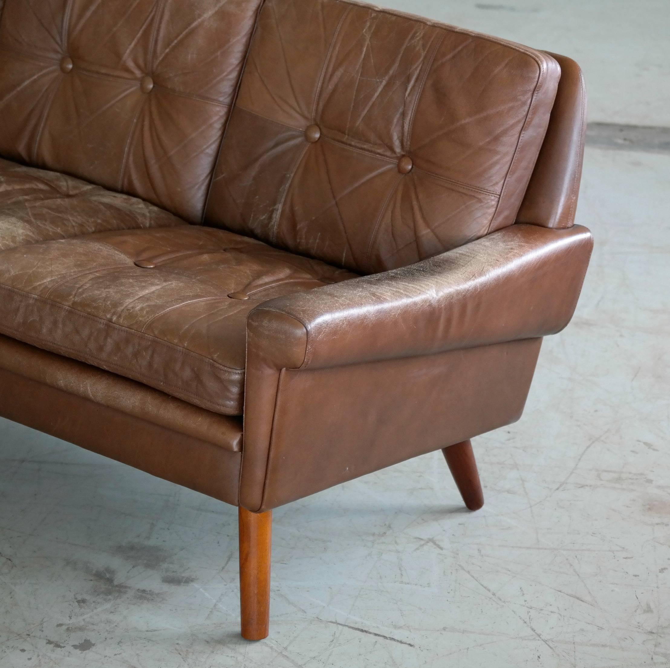 Mid-20th Century Danish Midcentury 1960s Three-Seat Sofa in Brown Patinated Leather, Sven Skipper