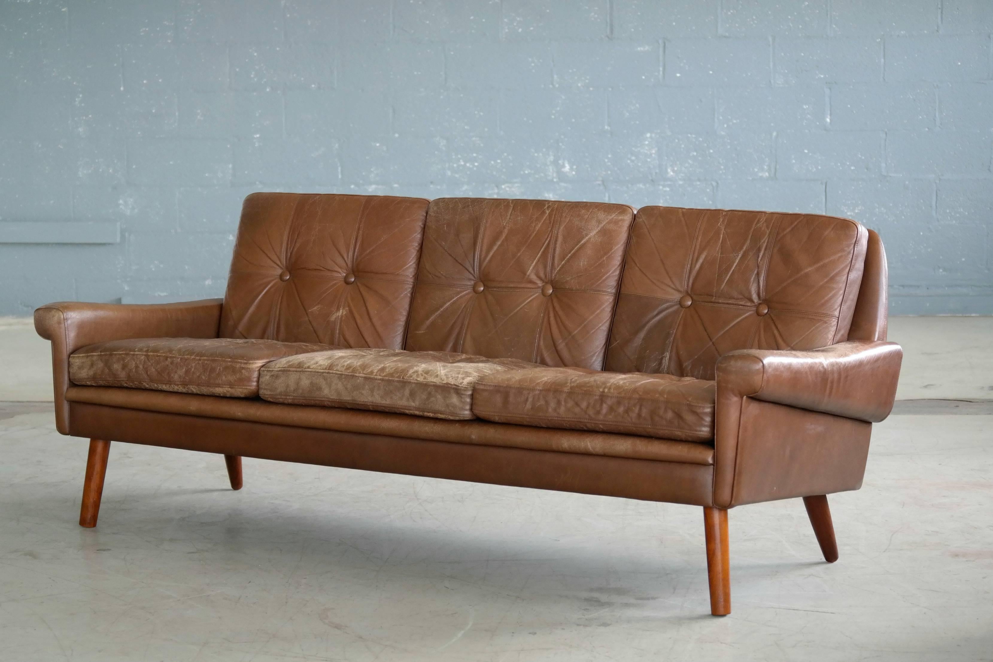 Danish Midcentury 1960s Three-Seat Sofa in Brown Patinated Leather, Sven Skipper 1