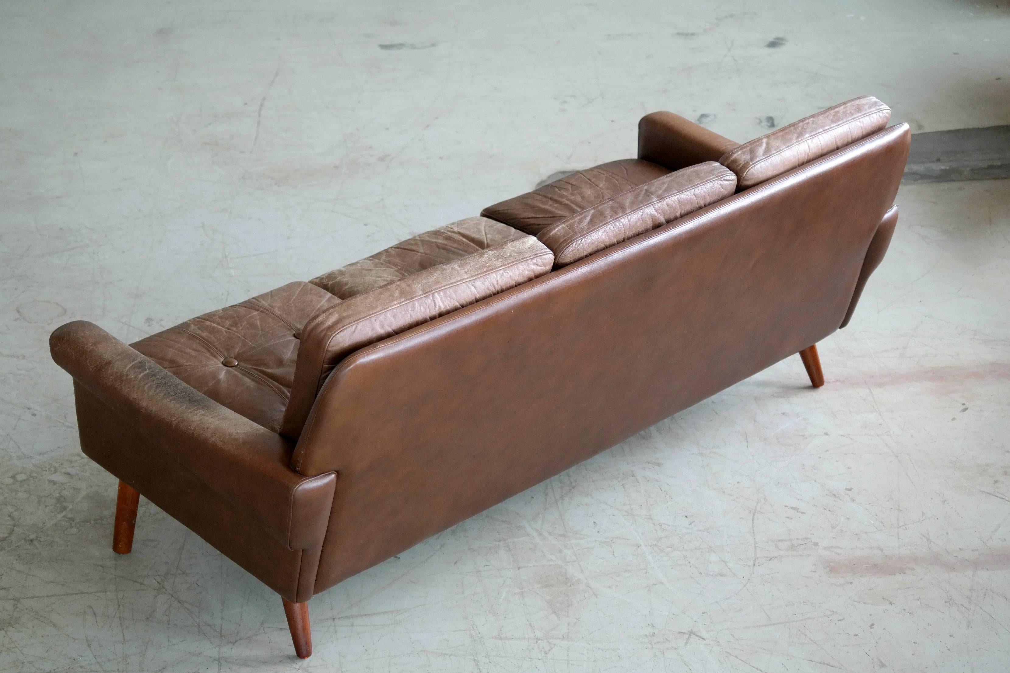 Danish Midcentury 1960s Three-Seat Sofa in Brown Patinated Leather, Sven Skipper 2