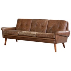 Used Danish Midcentury 1960s Three-Seat Sofa in Brown Patinated Leather, Sven Skipper