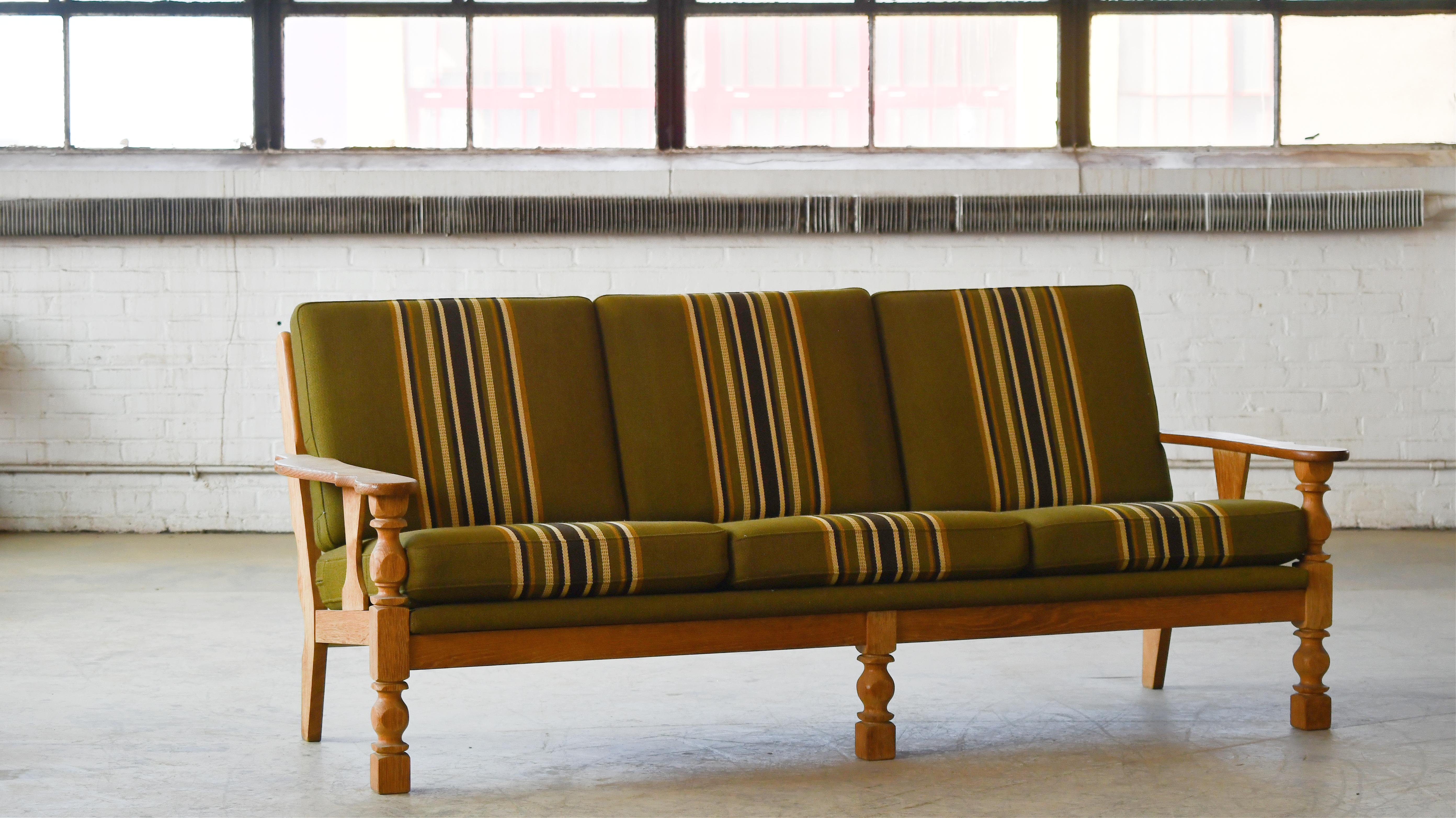 Brass Danish Midcentury 3-Seater Sofa in Solid Oak attributed to Henry Kjærnulf, 1960s