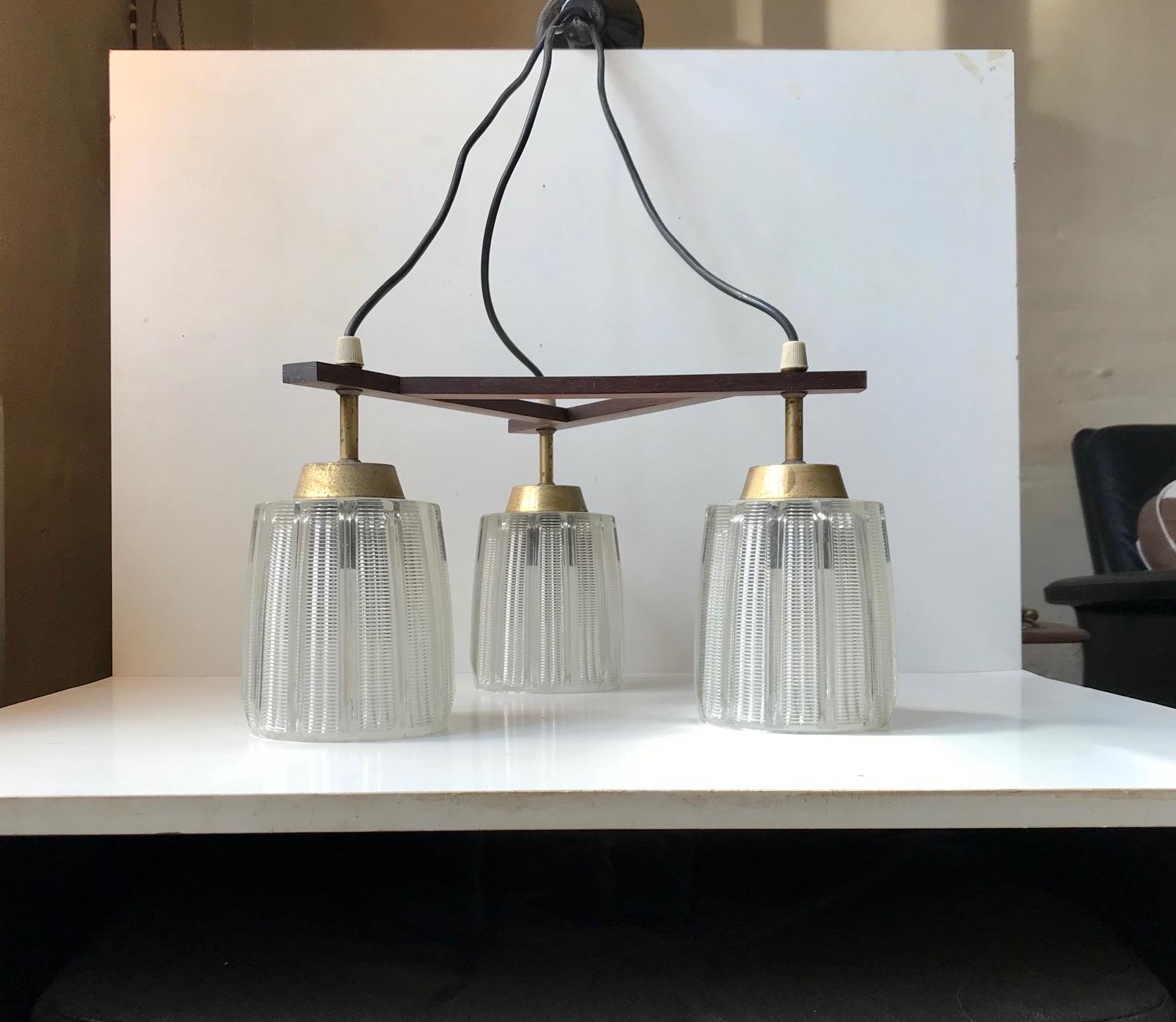 Mid-Century Modern Danish Midcentury 3-Shaded Brass and Glass Ceiling Lamp, 1950s For Sale