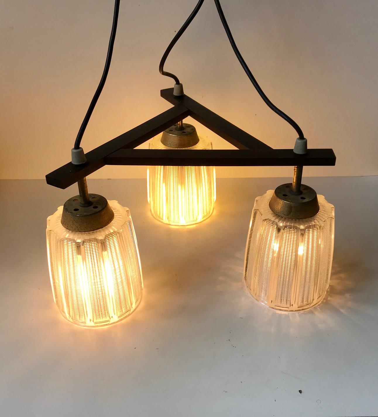 Mid-20th Century Danish Midcentury 3-Shaded Brass and Glass Ceiling Lamp, 1950s For Sale