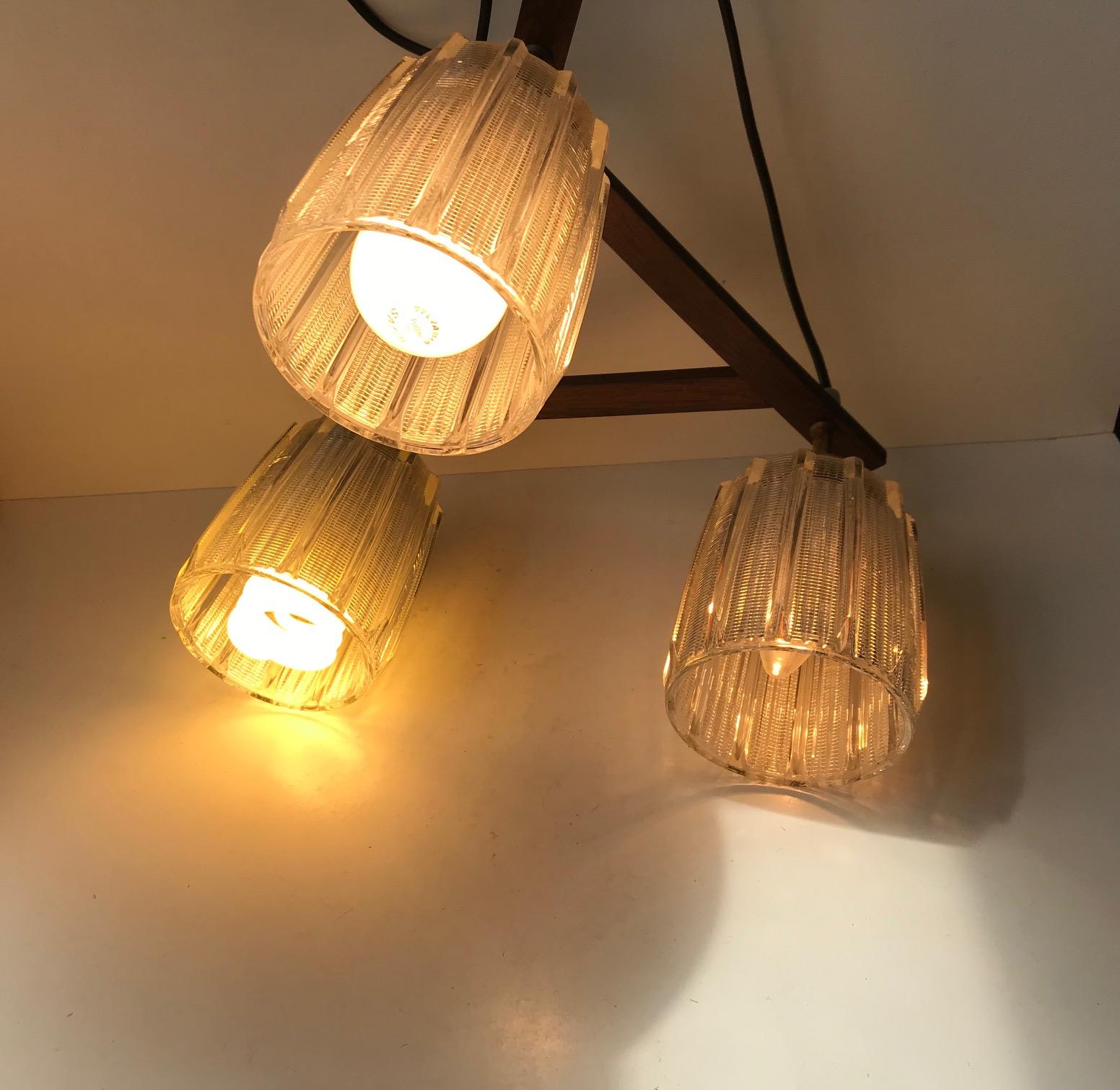 Danish Midcentury 3-Shaded Brass and Glass Ceiling Lamp, 1950s For Sale 1