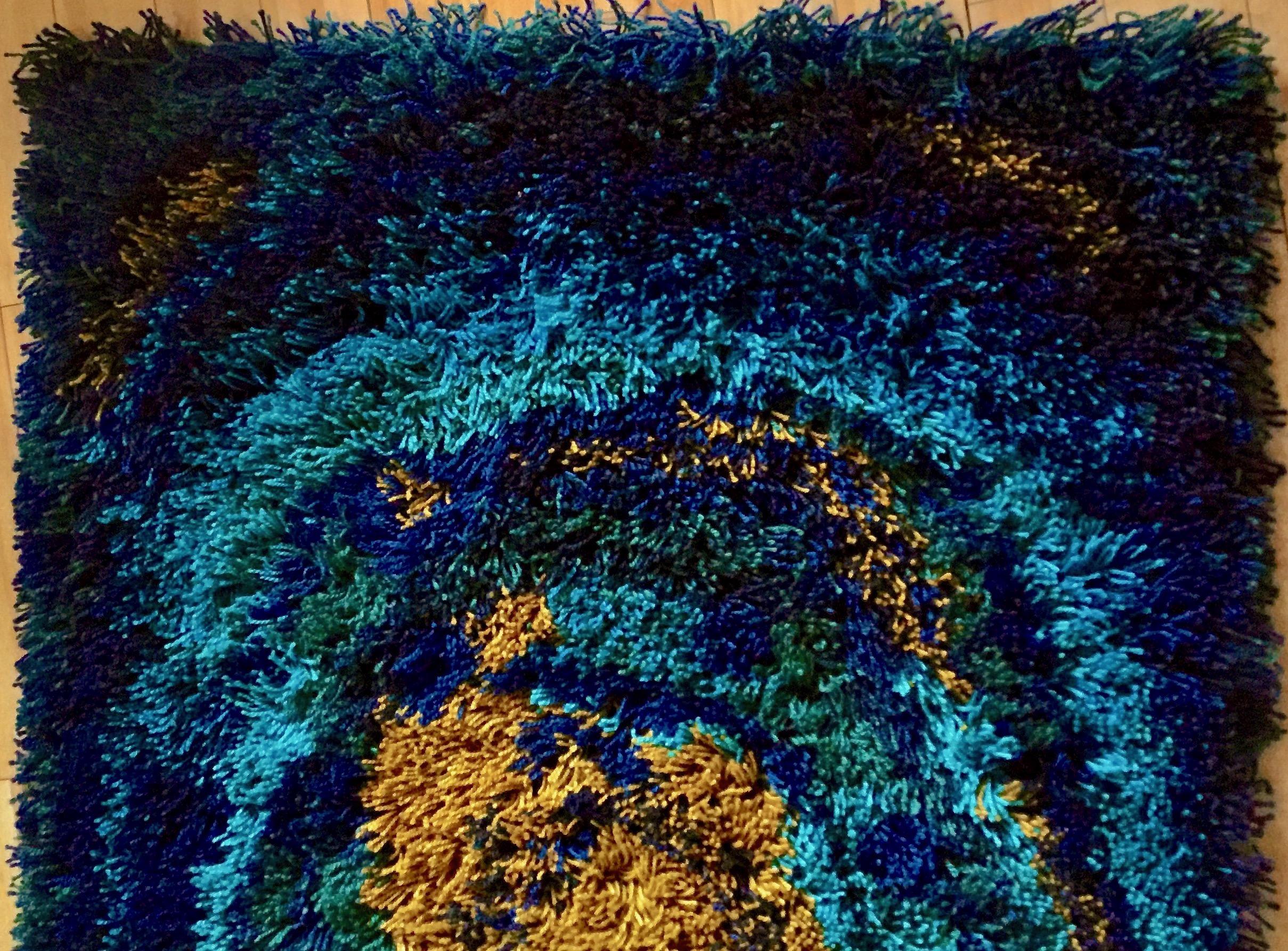 Blue Danish Midcentury Rya Rug by EGE Taepper in Abstract Shag Pile In Good Condition In Los Angeles, CA