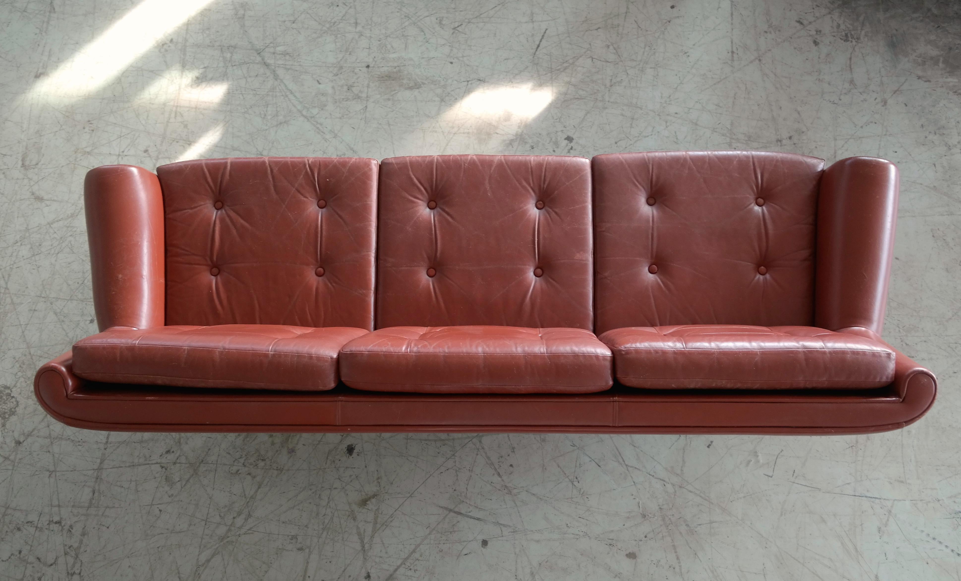 Mid-20th Century Danish Midcentury Airport Style Leather Sofa with Metal Legs by Skjold Sorensen