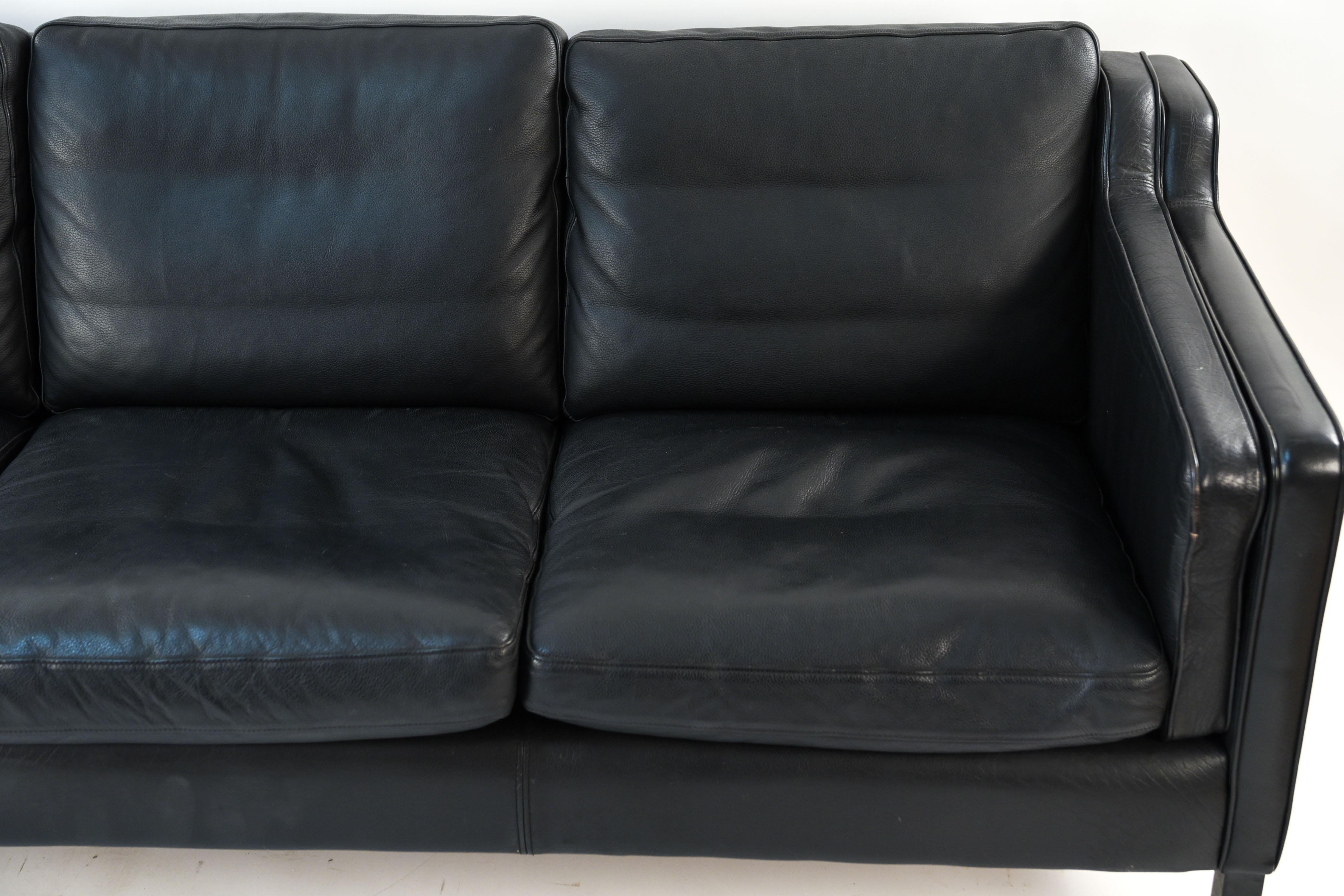 Danish Midcentury Borge Mogensen Style Black Leather Three-Seat Sofa 6